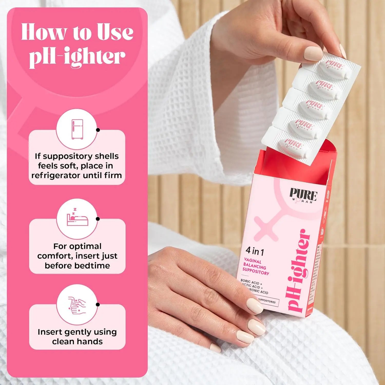 PURE WOMAN - pH-ighter Vaginal Boric Acid Suppositories for Women - Hyaluronic Acid - 4 in 1 Vaginal Suppositories for Discomfort, Dryness, Odor & pH Balance- Full Vaginal Health Care - 5pk PURE WOMAN Au supplements