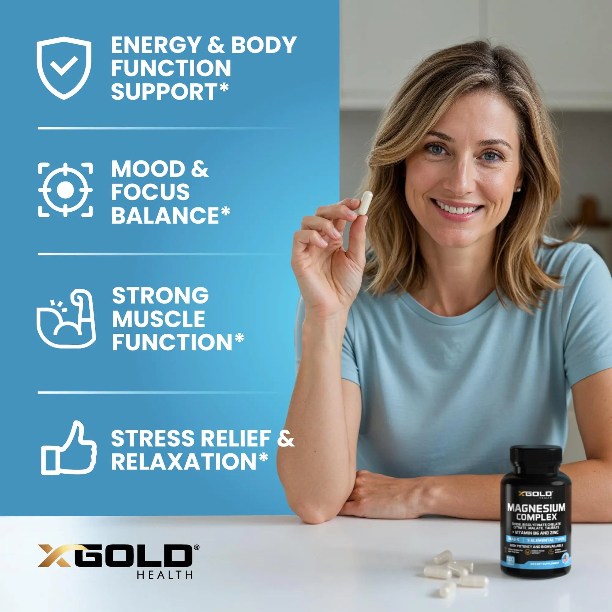 X Gold Health Magnesium Complex 5-in-1 with Zinc & B6 High Absorption Capsules (Glycinate, Citrate, Malate, Taurate, Oxide) Muscle Recovery, Energy, Sleep Support & Immune Health 500mg Made in USA X Gold Health Au supplements