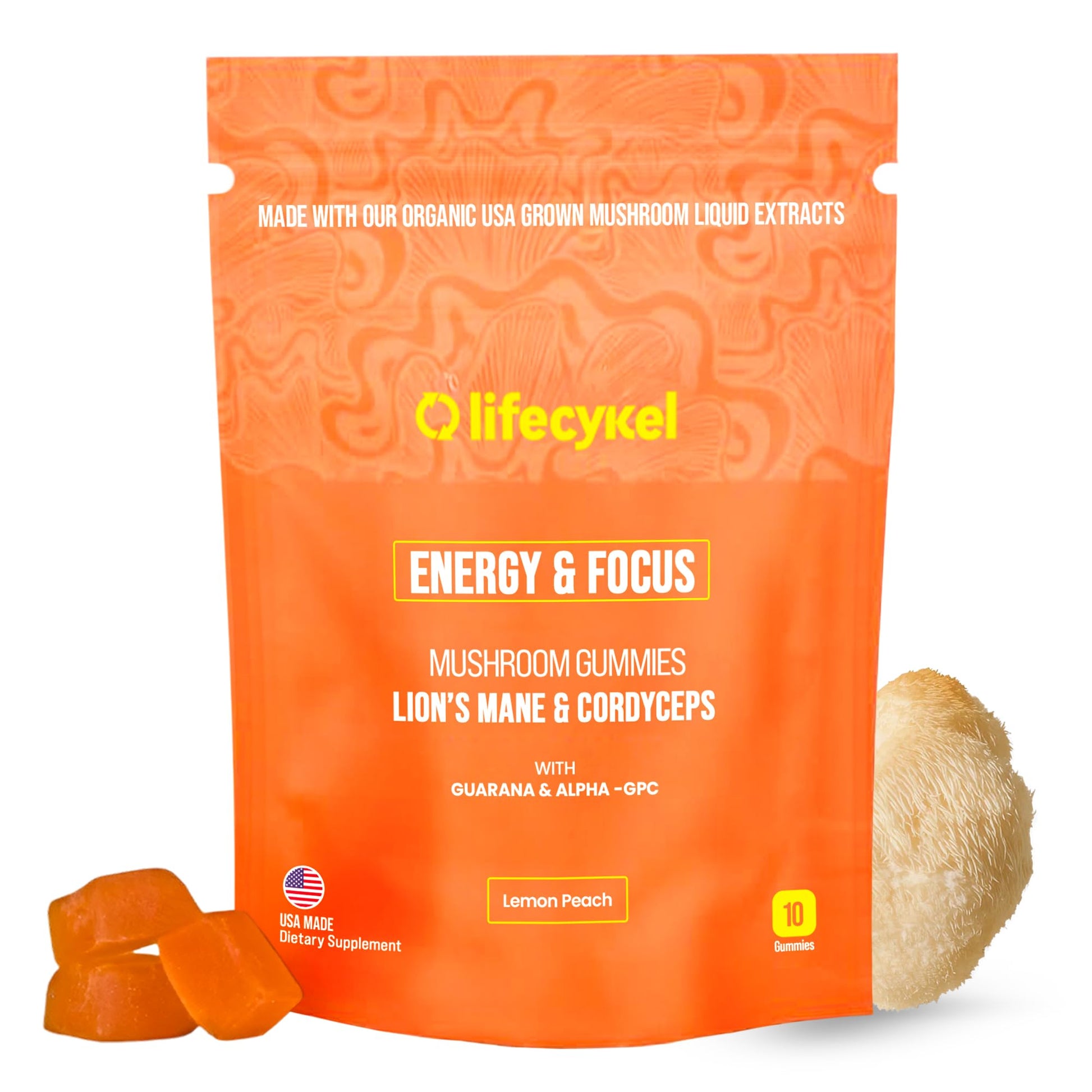 Life Cykel - AM Energy and Focus Mushroom Gummies, 10 Count - Organic Lion's Mane Gummies with Cordyceps, Guarana & Alpha GPC for Mental Clarity, Natural Energy, Endurance & Focus - Lemon Peach Flavor Life Cykel Au supplements