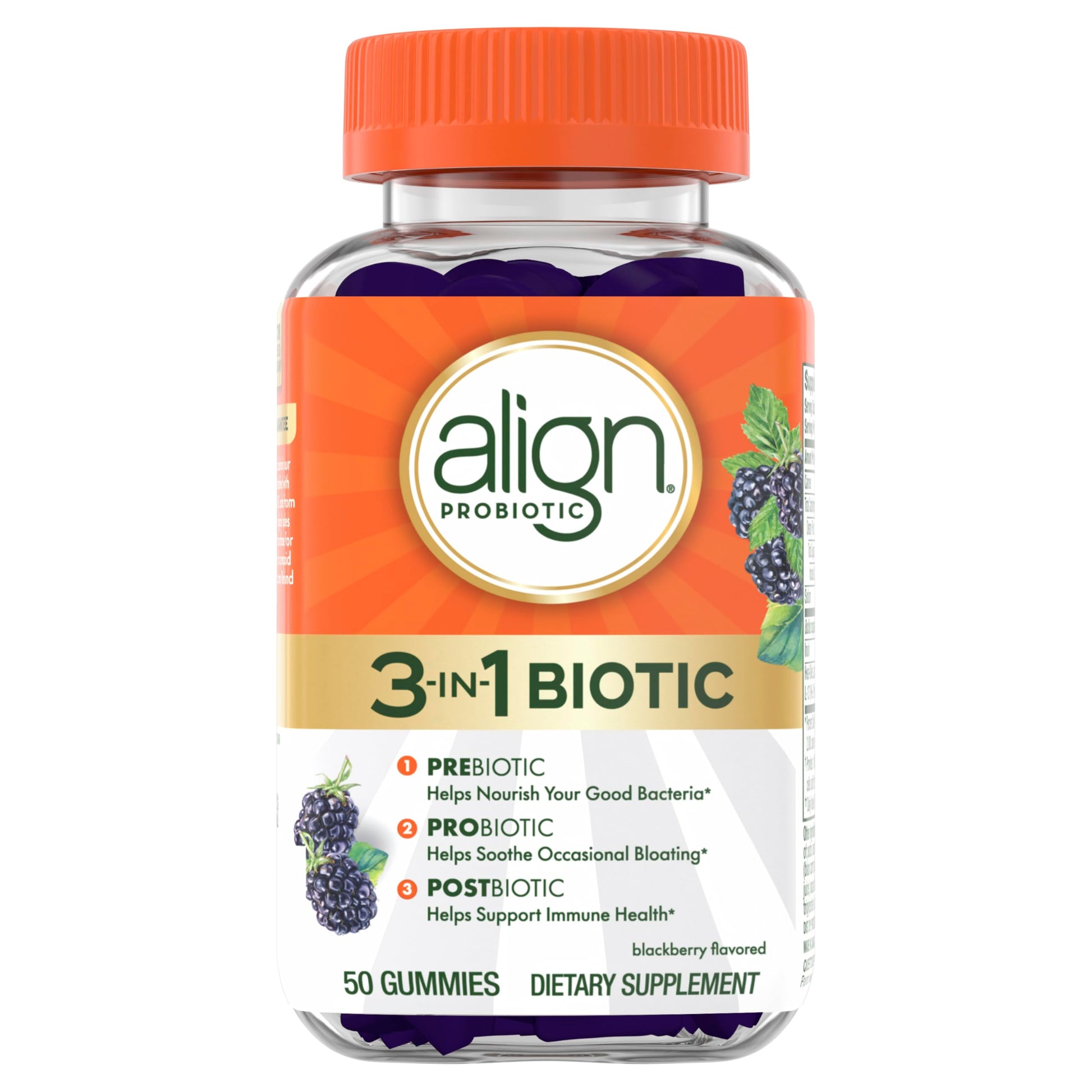 Align Probiotic, 3-in-1 Biotic Gummies, Prebiotic + Probiotic + Postbiotic, #1 Doctor Recommended Probiotic Brand‡, Helps Relieve Occasional Bloating*, BlackBerry Flavor, 50 Gummies Align Au supplements