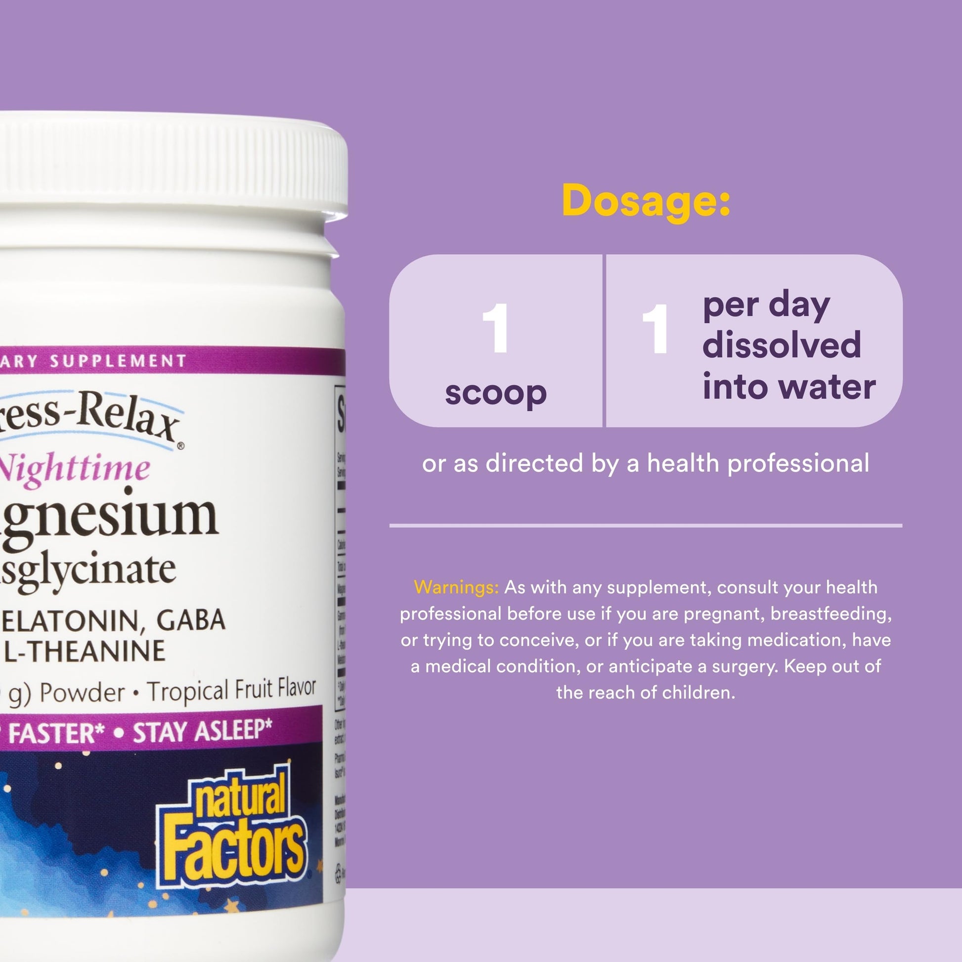 Natural Factors Stress-Relax Nighttime Magnesium Bisglycinate - Supports Sleep & Relaxation* - with Melatonin, L-Theanine & GABA - Tropical Flavor - 4.23 oz Natural Factors Au supplements