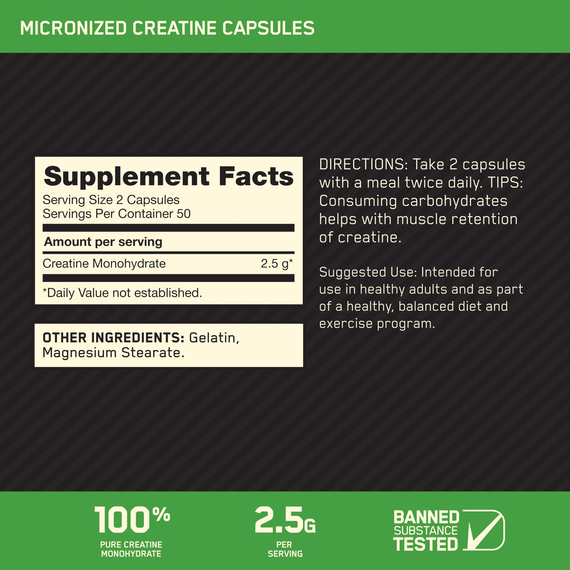 Optimum Nutrition Micronized Creatine Monohydrate Capsules, Keto Friendly, 2500mg, 100 Capsules Optimum NutritionUS supplements