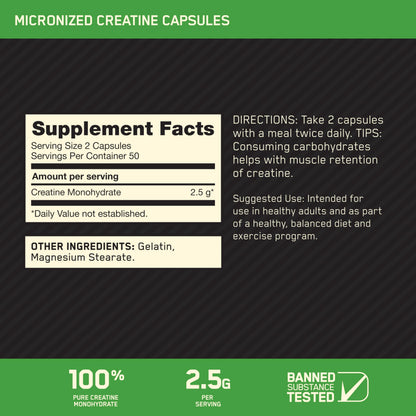 Optimum Nutrition Micronized Creatine Monohydrate Capsules, Keto Friendly, 2500mg, 100 Capsules Optimum NutritionUS supplements