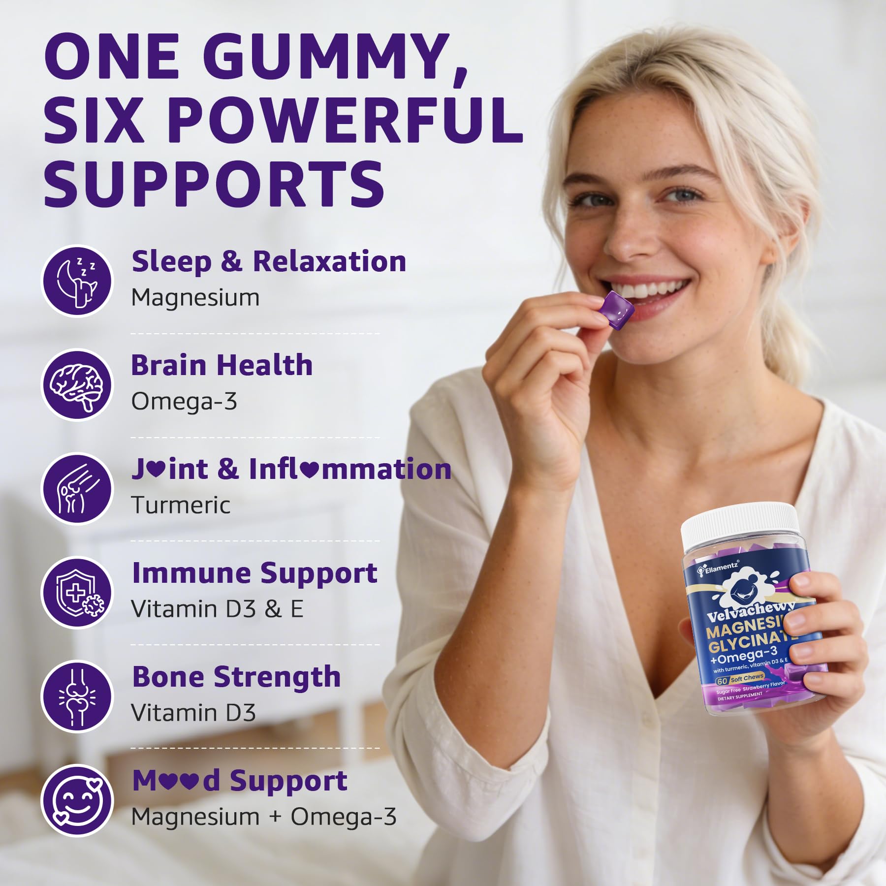 Magnesium Glycinate Gummies 500mg - Magnesium with Omega-3, Turmeric, Vitamin D3 & E | Magnesium Glycinate Soft Chews for Adults | for Sleep, Muscle & Brain | 60 Counts ELLAMENTZ Au supplements