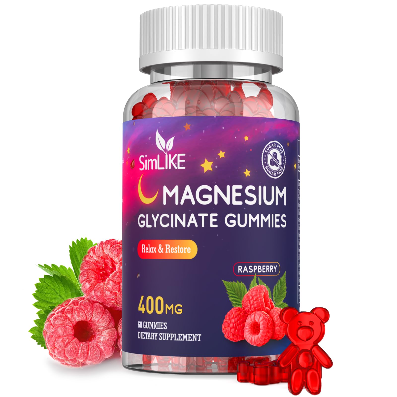Magnesium Glycinate Gummies 400mg, High Absorption Magnesium Gummies with L-Theanine, Ashwagandha & GABA for Relaxation, Stress Relief & Sleep, Sugar Free, Vegan, 60 Raspberry Simlike Au supplements