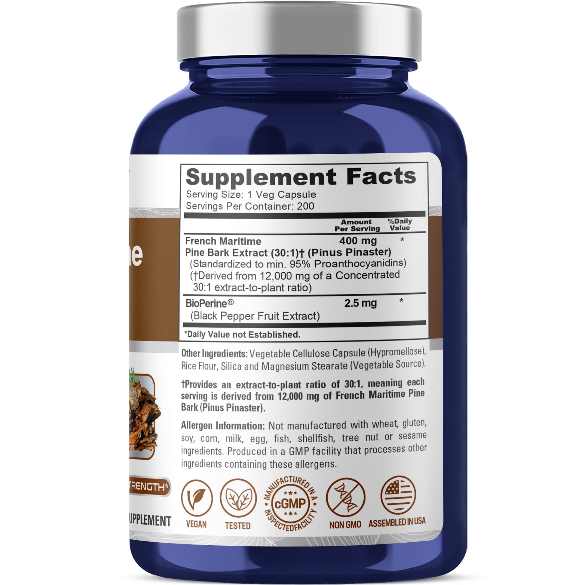 NusaPure French Maritime Pine Bark 30:1 Extract, 400 mg Equivalent to 12,000 mg Per Veggie Caps 200-Day Supply, Bioperine (Non-GMO & Vegan) NusaPure Au supplements