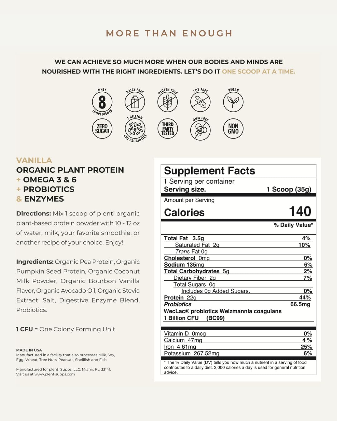 plenti Organic Plant-Based Protein Powder: Vanilla - 20g Pea Protein + Probiotics, Digestive Enzymes & Omega 3-6, Gut Friendly, Sugar Free, 27 Servings (2 lbs) plenti Au supplements