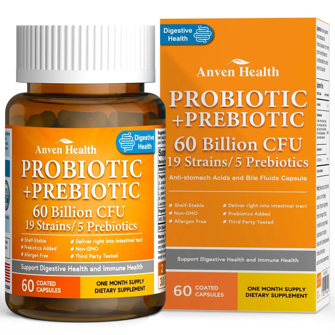 Anven Health 60 Billion Probiotic and Prebiotic for Women and Men - 19 Strains 5 Organic Prebiotics for Gut Digestive & Immune Health, Supports Diarrhea Gas Bloating, Non-GMO – Made in USA丨60 Caps Anven Health uk supplements