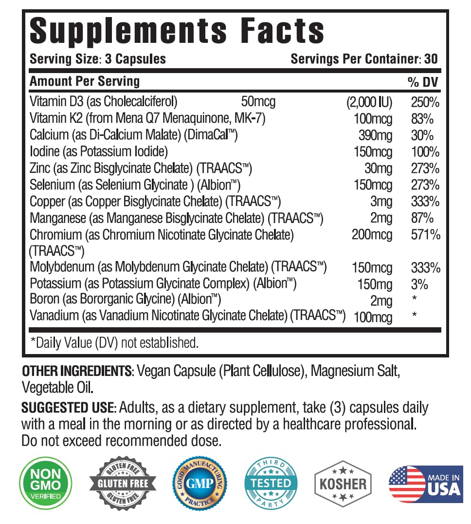 KAPPA NUTRITION (90 Capsules,Vitamin K2, Vitamin D3, Zinc, Selenium, Vanadium, Copper, Manganese, Potassium, Molybdenum, Calcium, Chromium, Iodine, Boron, KAPPA NUTRITIONUS supplements