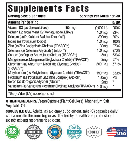 KAPPA NUTRITION (90 Capsules,Vitamin K2, Vitamin D3, Zinc, Selenium, Vanadium, Copper, Manganese, Potassium, Molybdenum, Calcium, Chromium, Iodine, Boron, KAPPA NUTRITIONUS supplements