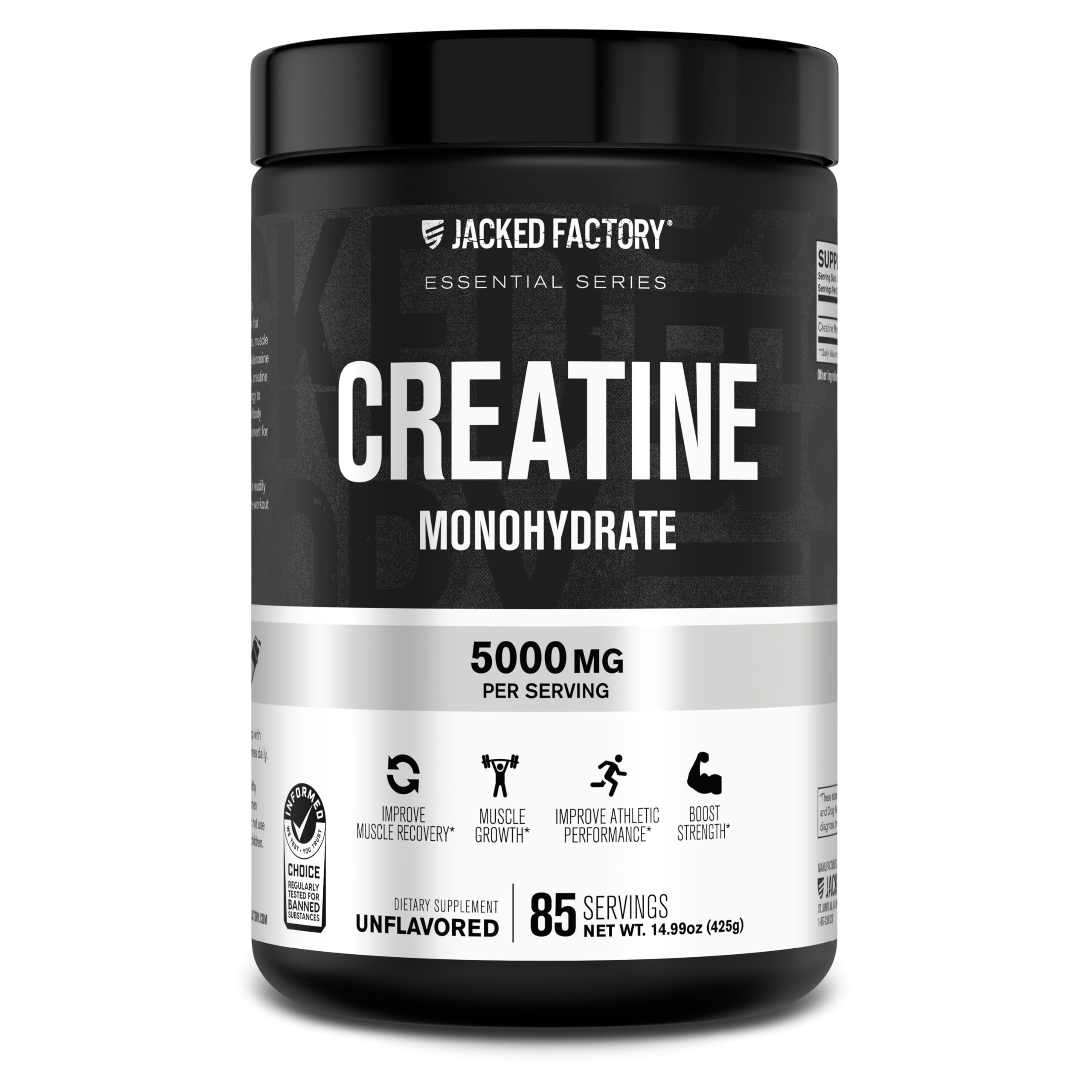 Jacked Factory Creatine Monohydrate Powder 425g - 5g Daily Creatine Supplement for Men and Women, Vegan-Friendly, Third-Party Tested - 85 Servings, Unflavored Jacked Factory Au supplements