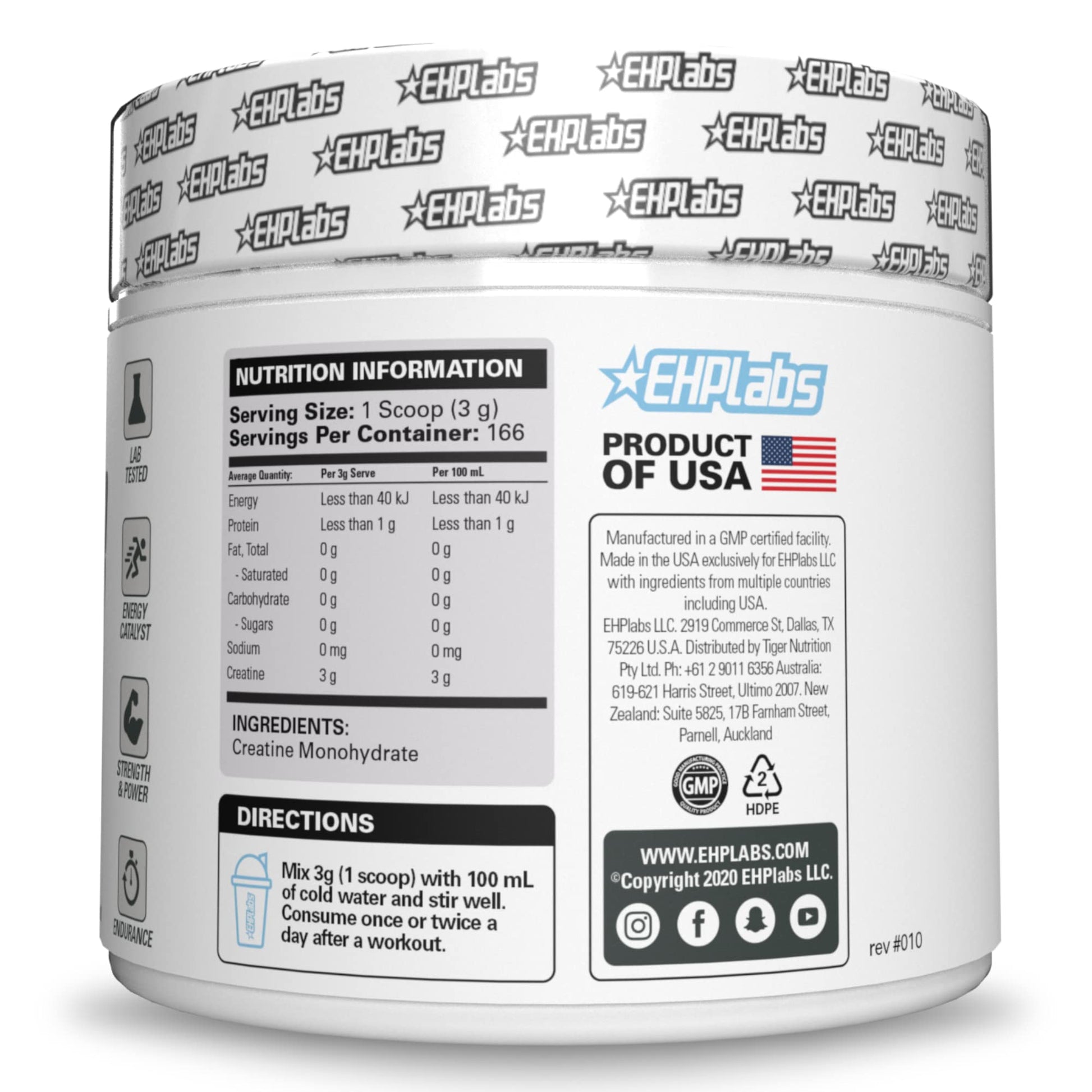 EHP Labs CREA-8 Micronized Creatine Monohydrate Powder - Unflavored Creatine Powder for Muscle Growth, Increased Strength, Enhanced Energy Output and Improved Performance - 100 Servings (500g) EHP Labs Au supplements