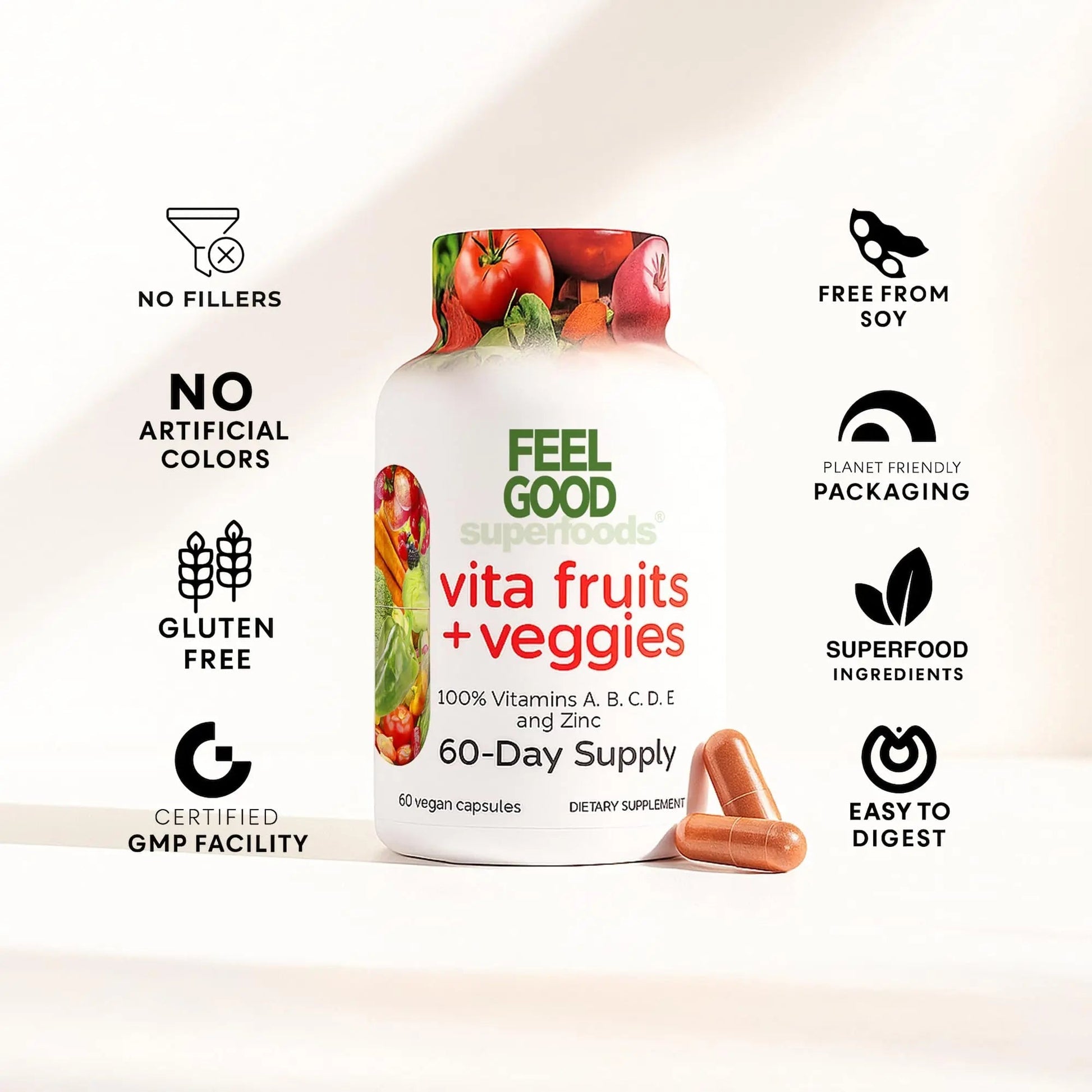 FeelGood Superfoods Vita Fruits and Veggies Capsules - 25 Superfood Ingredients, Fruit and Vegetable Multivitamin, 60 Count FeelGood Superfoods Au supplements