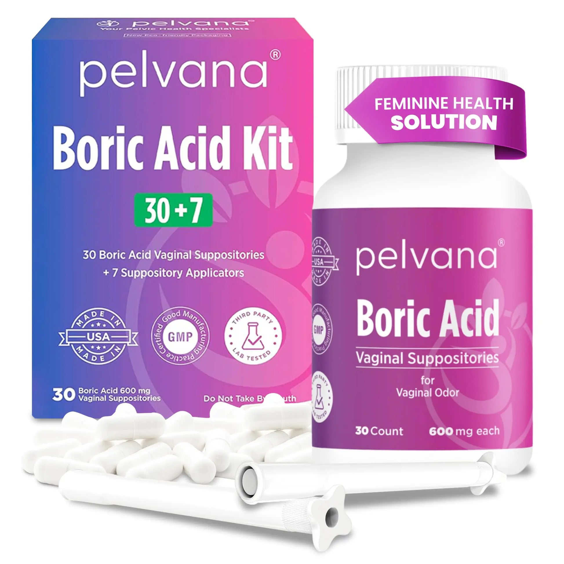 Pelvana Boric Acid Suppositories for Women - 30 Count + 7 Applicators - 600mg Boric Acid Capsules for Vaginal Odor Use Pelvana Au supplements