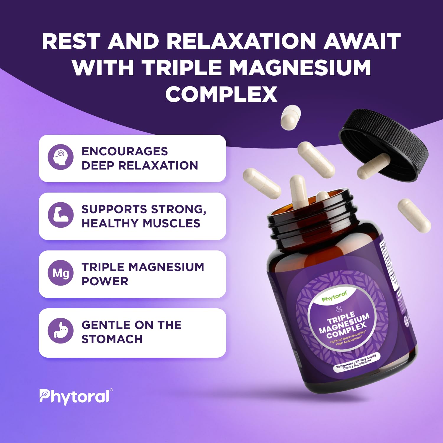 Highly Potent Magnesium Complex Capsules - Triple Magnesium Blend with Taurate Glycinate and Malate - 400mg Supplement Supports Relaxation & Overall Wellness Non-GMO Vegan - 90 Count Phytoral Au supplements