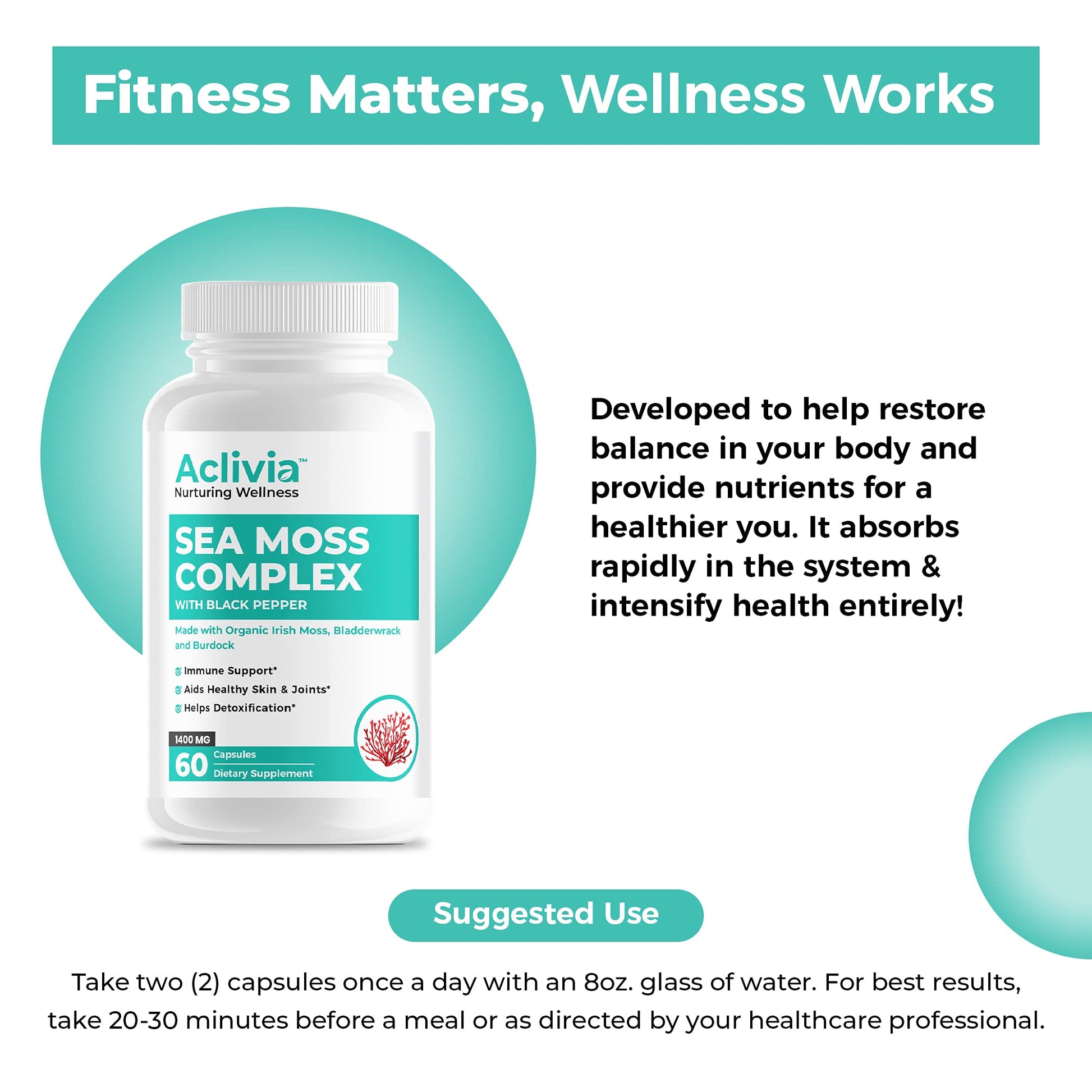 Aclivia - Organic Irish Sea Moss Capsules with Bladderwrack & Burdock Root - 102 Minerals Sea Moss Supplement - Thyroid Support, Immune Boost - Non-GMO (60 Count) Aclivia Au supplements