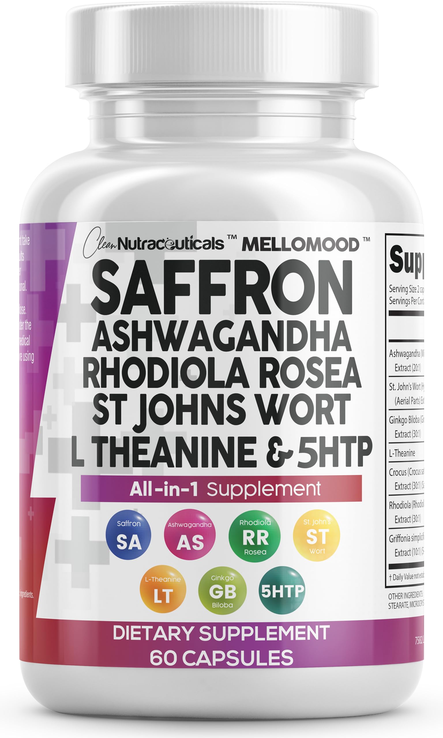 Clean Nutraceuticals Saffron Supplements Extract 100mg + Ashwagandha L-Theanine 200mg - Mood Support Ginkgo Biloba, St. John's Wort, Rhodiola Rosea & 5-HTP Capsules Pills Men Women Clean Nutraceuticals buy supplements Au