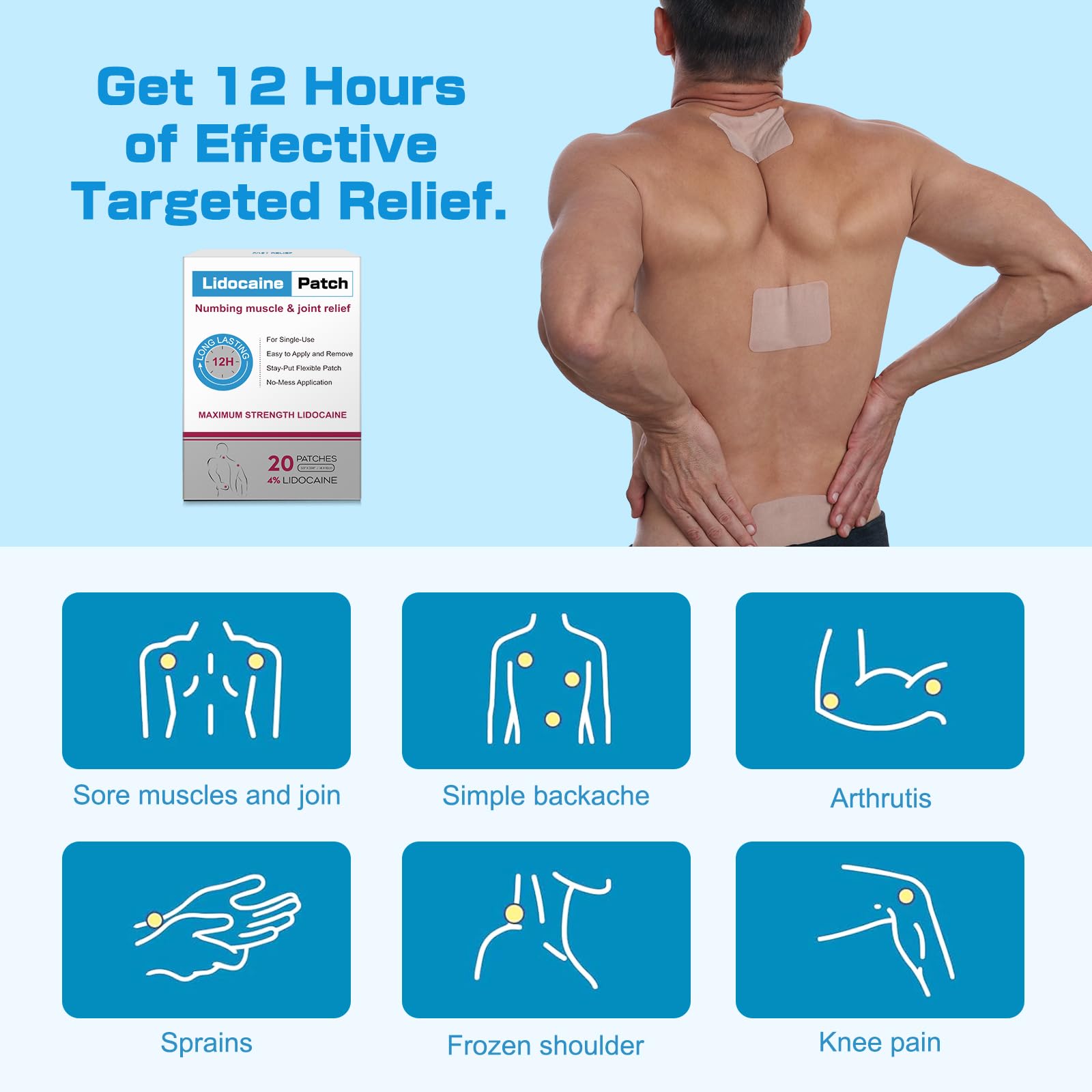 YOAPA 4% Lidocaine Pain Relief Patches | Maximum Strength Numbing Gel Patch for Back, Neck, Knee, Shoulder & Joint Pain | Up to 12 Hour Temporary Relief | 20 Count - G41 YOAPA Au supplements
