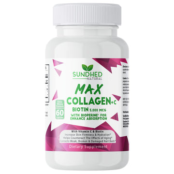 Sundhed Natural Max Collagen Plus C (60 caps) - All Natural Collagen Capsules with Biotin & Bioperine to Boost Anti Aging Hydration & Skin Firmness - Collagen Pills to Strengthen Bones & Nails Sundhed Natural Au supplements
