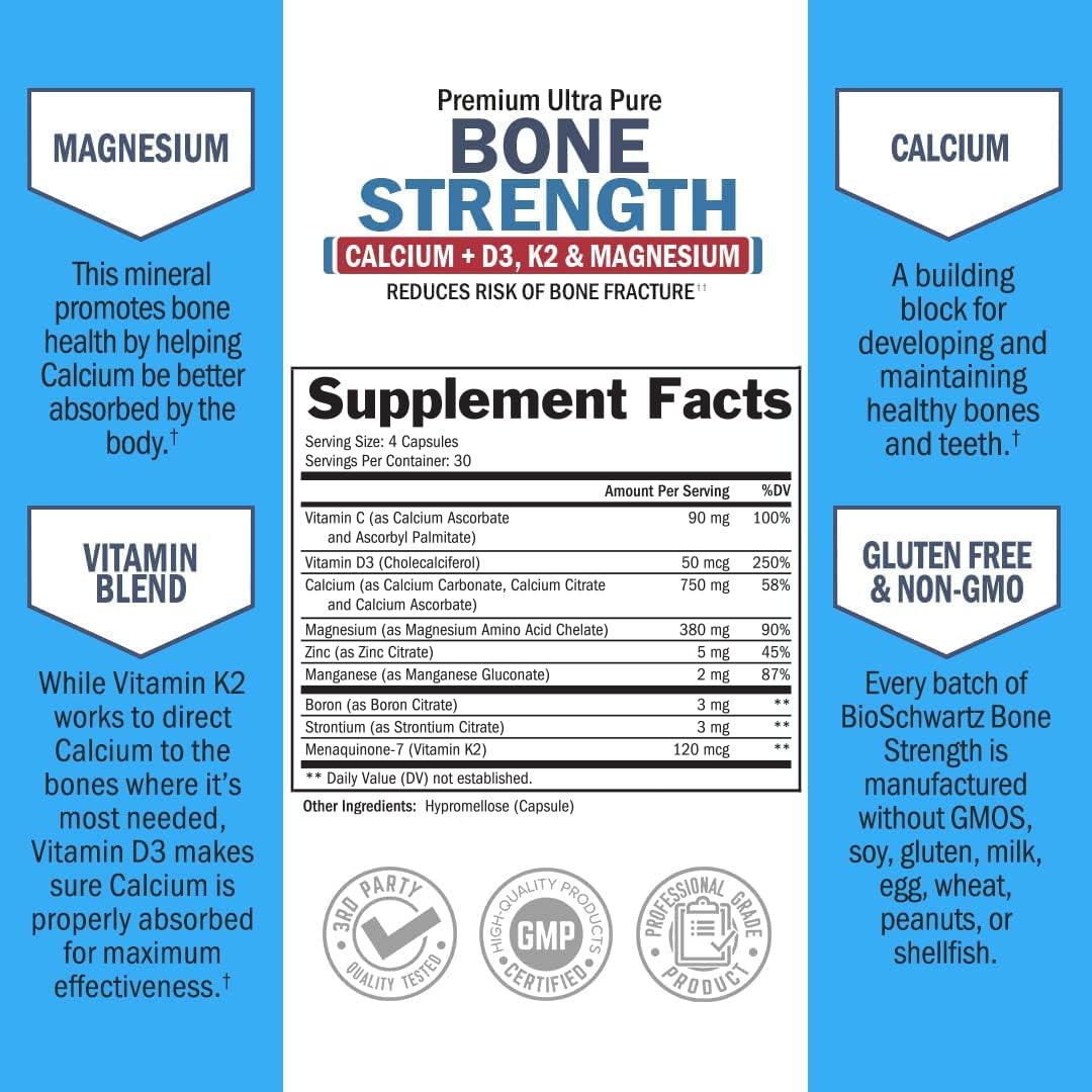 Bone Strength Supplement with Calcium + D3, K2 & Magnesium - Highly Absorbable BioSchwartz Au supplements