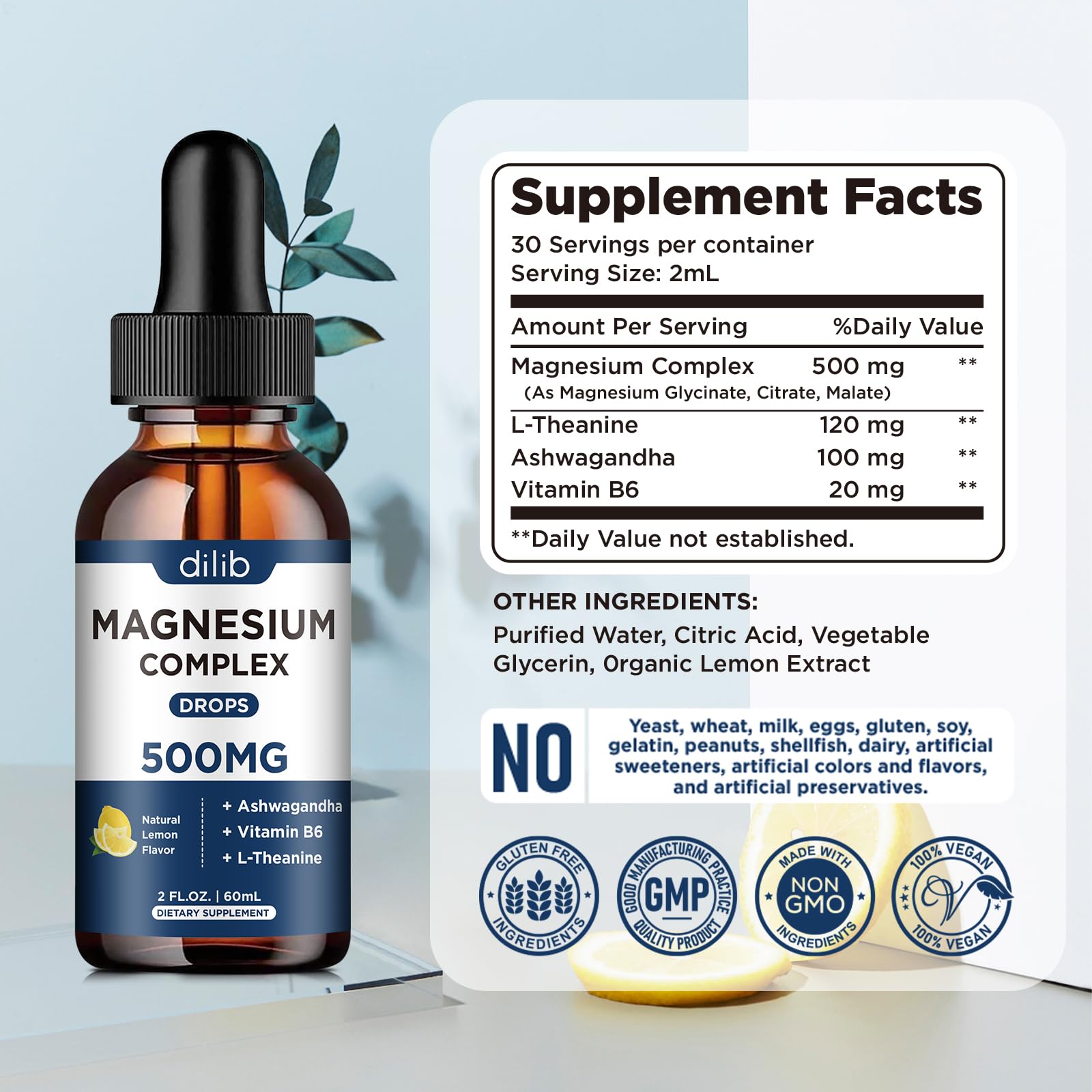 Magnesium Glycinate Liquid Drops, Triple Magnesium Complex Supplement with Citrate, Malate 500mg Ashwagandha, L-Theanine, Vitamin B6 for Sleep, Calm, Stress Relief, Bone, Muscle, Mood - Lemon Flavor dilib Au supplements