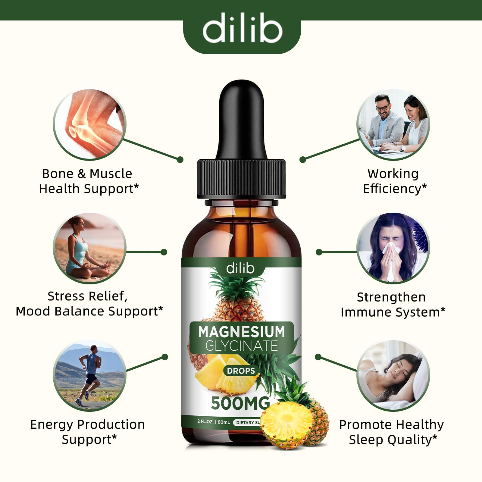 Magnesium Glycinate Supplement, Liquid Magnesium Glycinate Liquid Drops 500mg-Support Stress Relief, Relaxation, Mood, Sleep, Bone & Muscle-2 Fl Oz, Vegan, Pineapple Flavor dilib Au supplements