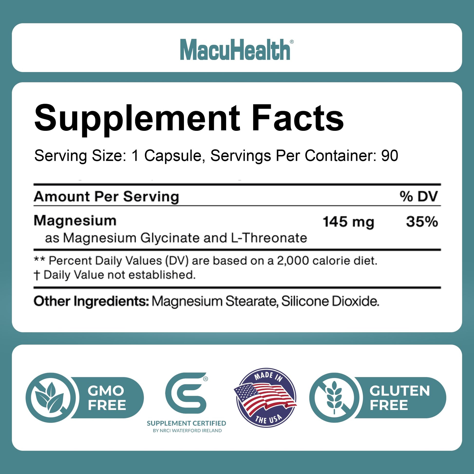 MacuHealth Magnesium Glycinate & L-Threonate 145mg - 90 Capsules - Highly Absorbable Magnesium for Energy, Calm & Focus - Gentle on Stomach, Vegan, Non-GMO - Premium Chelated Magnesium Supplement Macuhealth Au supplements