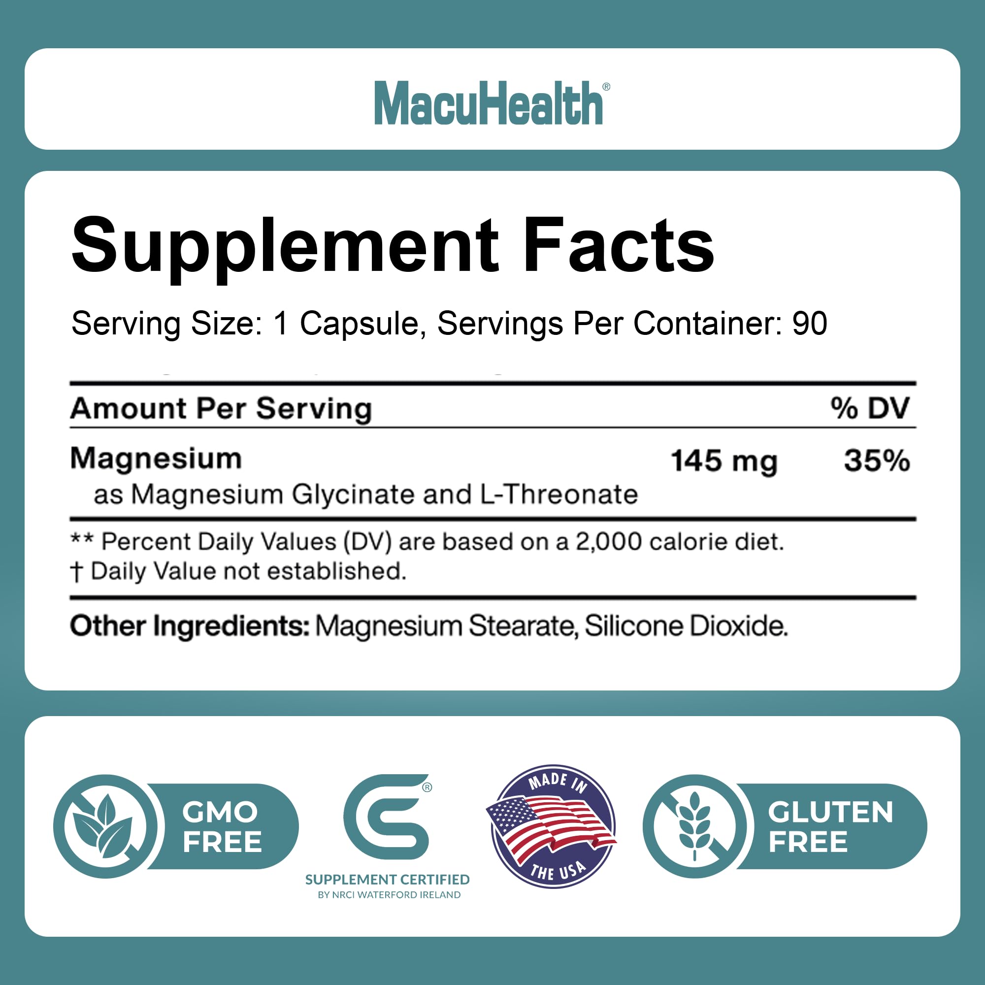 MacuHealth Magnesium Glycinate & L-Threonate 145mg - 90 Capsules - Highly Absorbable Magnesium for Energy, Calm & Focus - Gentle on Stomach, Vegan, Non-GMO - Premium Chelated Magnesium Supplement Macuhealth Au supplements
