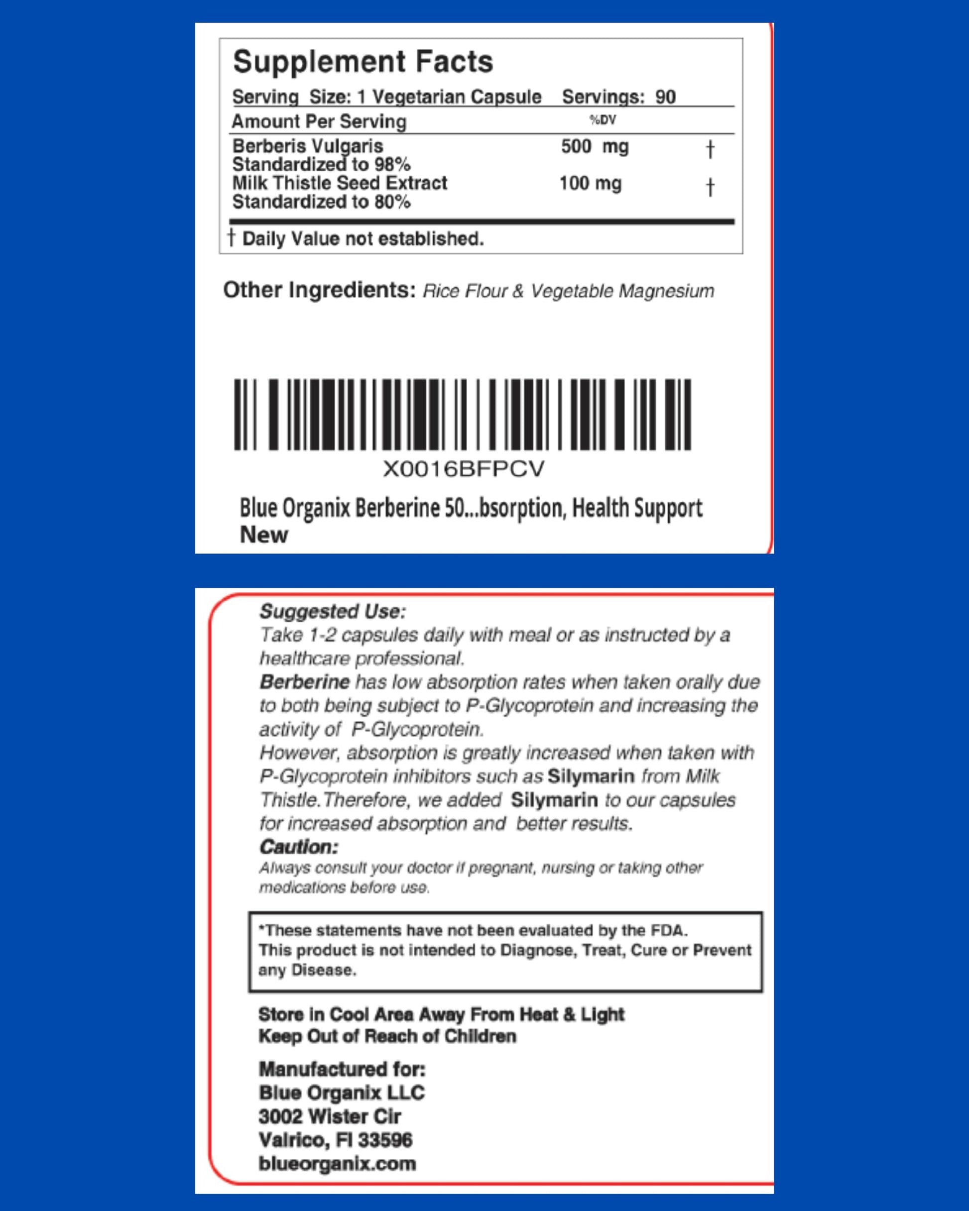Blue Organix Berberine 500mg Formula HCL Complex Supplement with Silymarin Blue Organix Au supplements