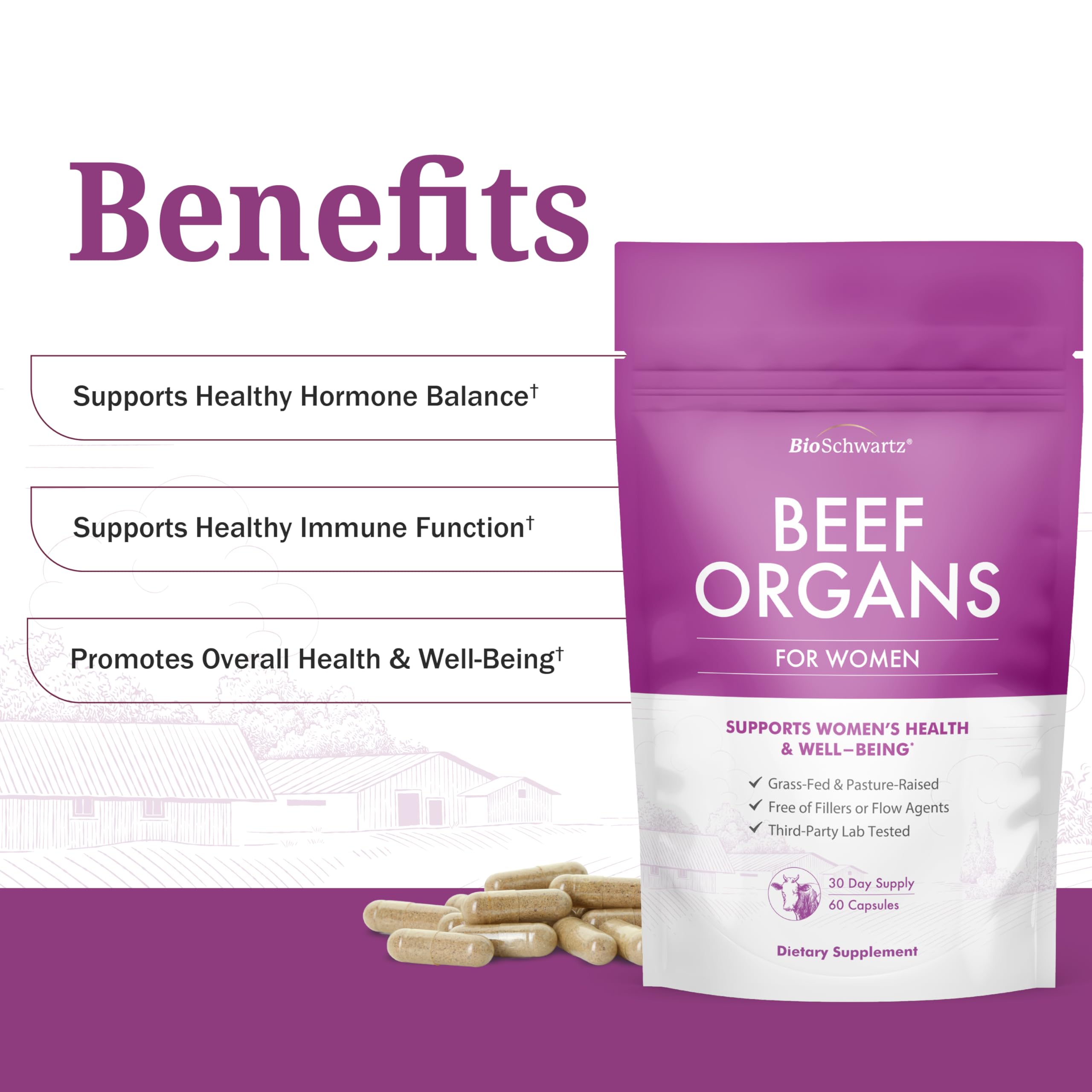 BioSchwartz Primal Beef Organ Supplement for Women - 60 Capsules - Grass-Fed & Pasture-Raised - Supports Healthy Hair Skin and Nails, Hormone Balance - with Bovine Liver, Kidney, Heart, Uterus Powder BioSchwartz Au supplements