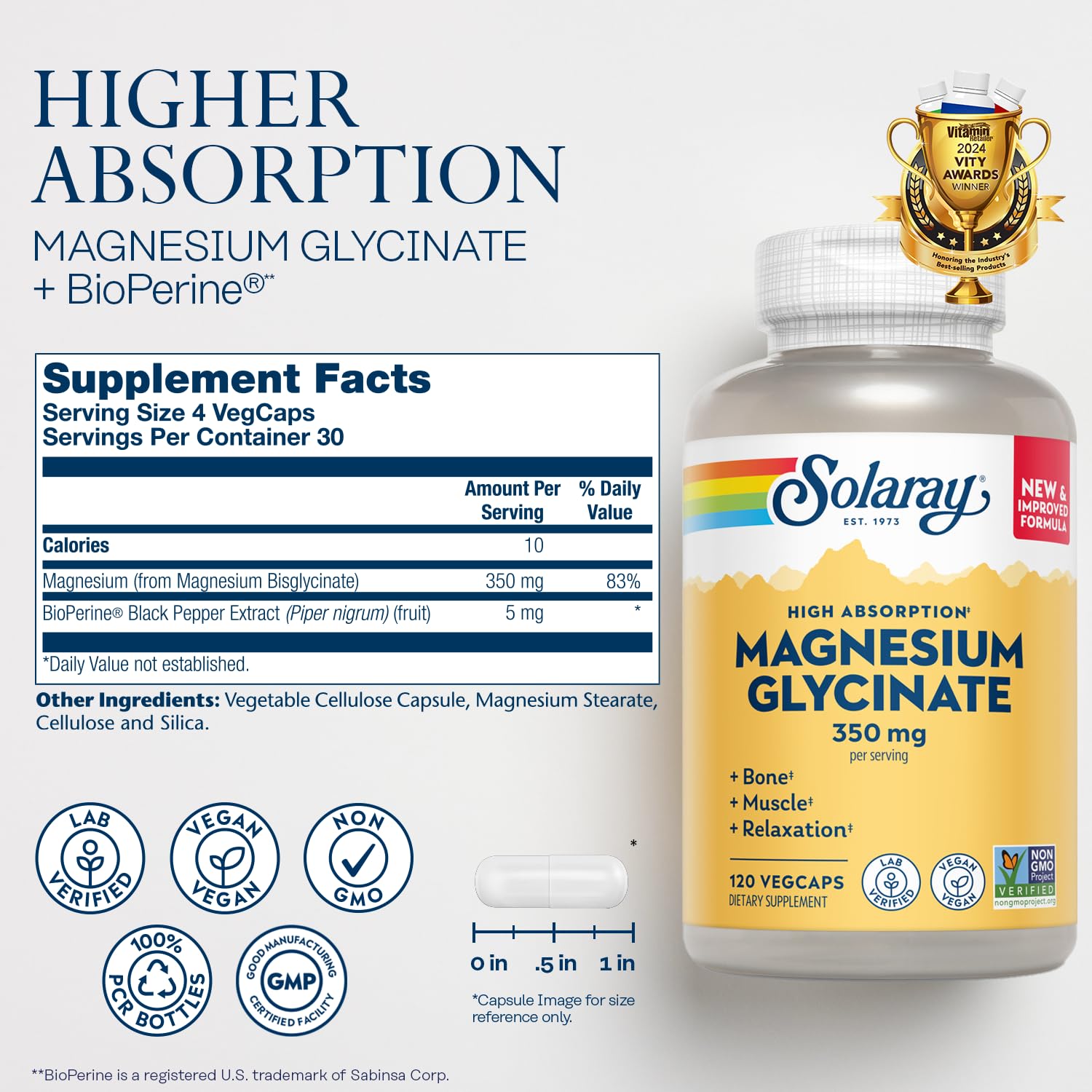 SOLARAY Magnesium Glycinate Capsules, Chelated Magnesium Bisglycinate w/BioPerine, Higher Absorption Magnesium Supplement - Bones, Muscles, Heart Support, Vegan (30 Servings, 120 VegCaps) SOLARAY Au supplements