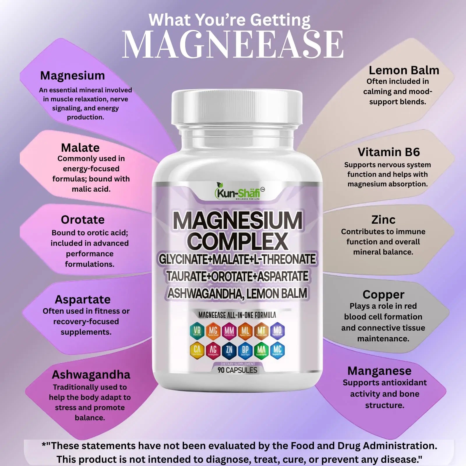 Kun Shafi Magnesium Complex with Magnesium Glycinate Malate, L-Threonate, Taurate, Orotate, Zinc,Aspartate, Copper Manganese & Vitamin D3 B6 Complex - 1Pack Kun Shafi Au supplements