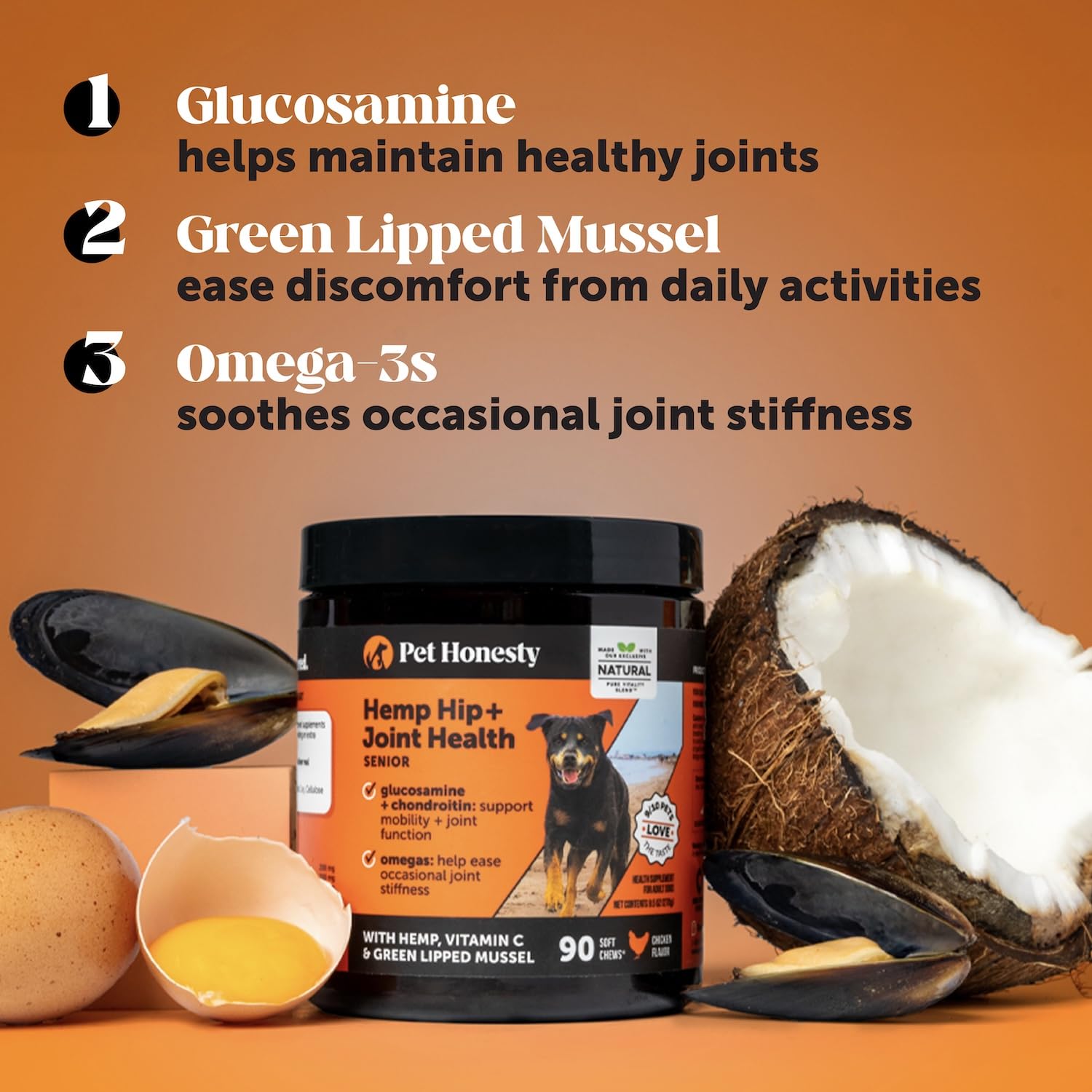 Senior Hemp Hip and Joint Supplement for Dogs - Glucosamine Chondroitin, MSM & Green Lipped Mussel - Relief for Joint Stiffness, Advanced Strength Mobility Support for Senior Dogs (Chicken, 90 Ct) Pet Honesty Au supplements