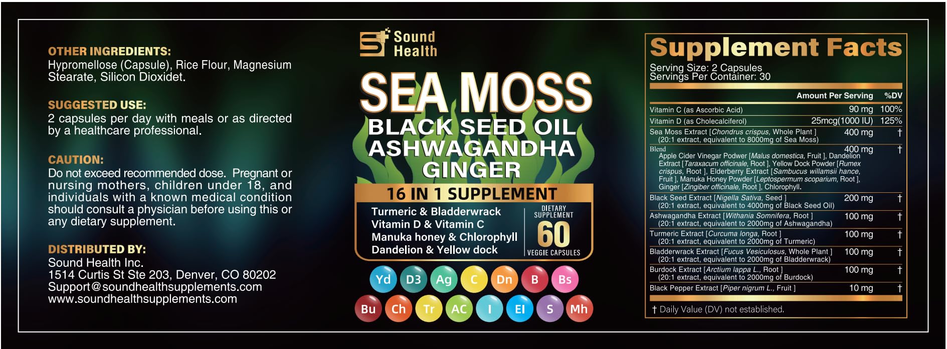 Sea Moss Capsules with Ashwagandha, Turmeric, Bladderwrack, Vitamins C & D for Natural Energy, Sleep Support & Hair Growth, 1200mg Herbal Blend, for Man & Women, Third-Party Tested，16-in-1 Supplement SoundHealth Au supplements