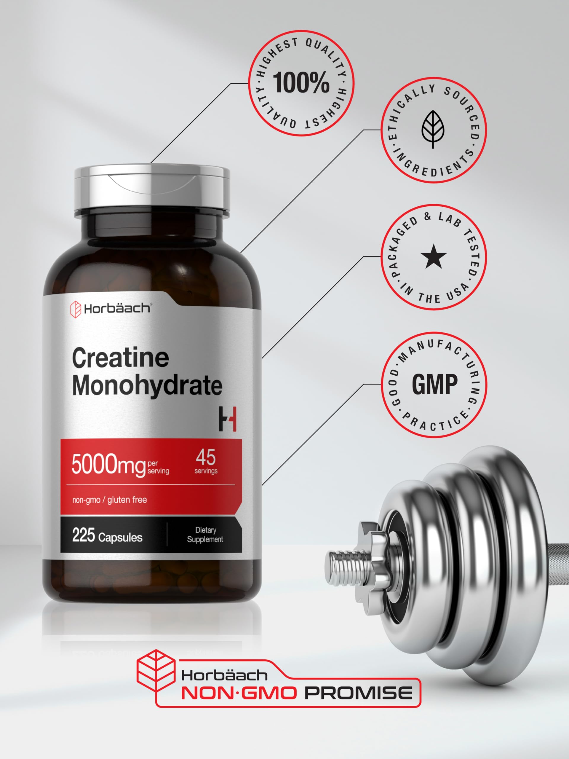 Horbäach Creatine Monohydrate | 5g | 225 Capsules | Non-GMO, Gluten Free Supplement Horbäach Au supplements