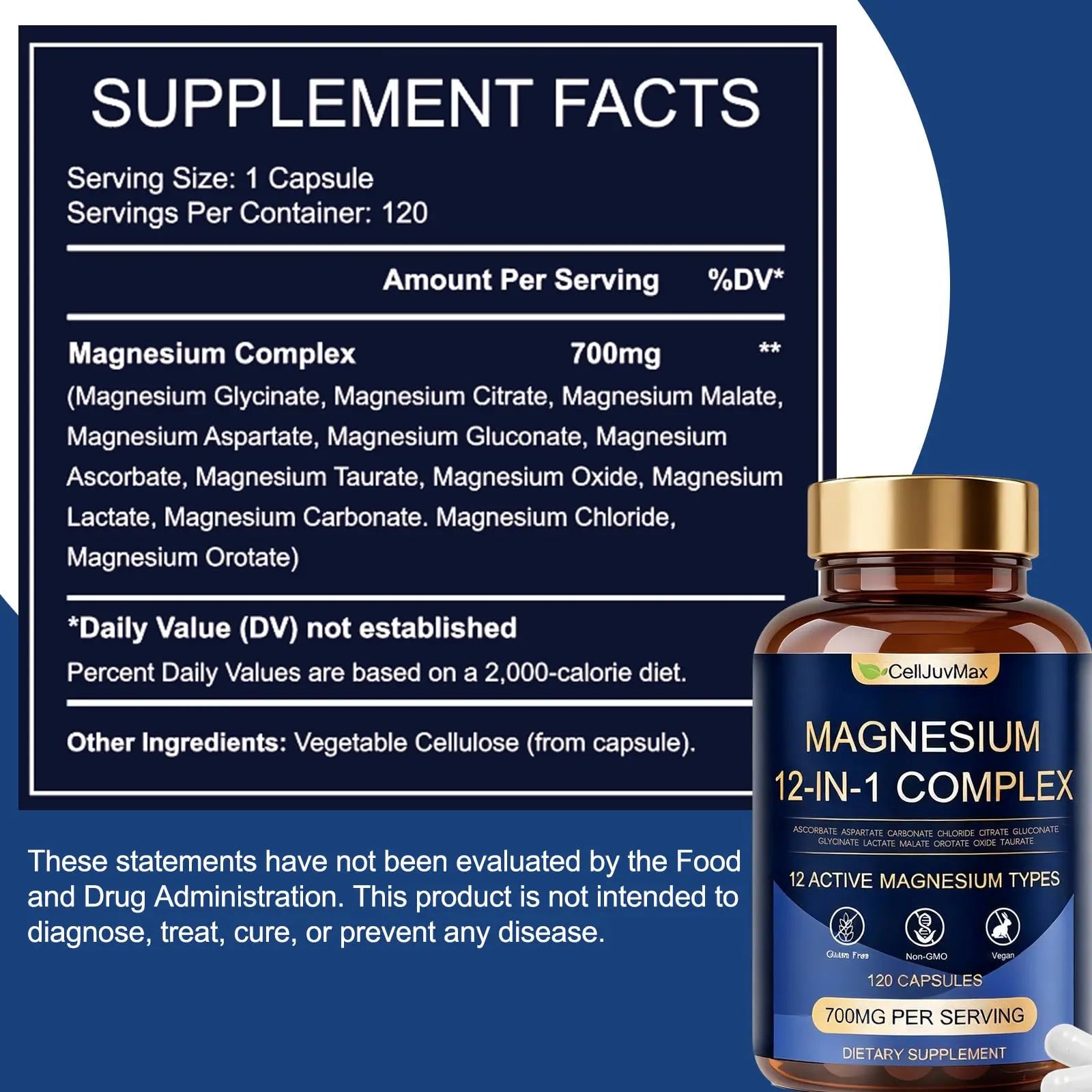 Magnesium 12-in-1 Complex 700mg, with Glycinate & Citrate, Vegan Supplement for Daily Wellness, 120 Capsules (1) WOJJ Au supplements