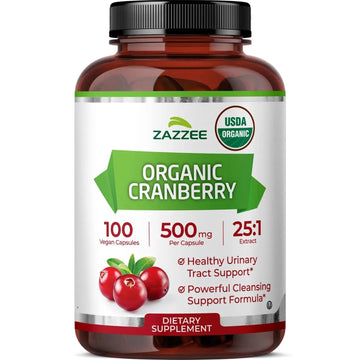 Zazzee USDA Organic Cranberry 25:1 Extract, 500 mg per Capsule, 100 Vegan Capsules, 3+ Month Supply, Certified Kosher, Vaccinium Macrocarpon, Urinary Tract & Bladder Support, Non-GMO, Made in the USA Zazzee Au supplements