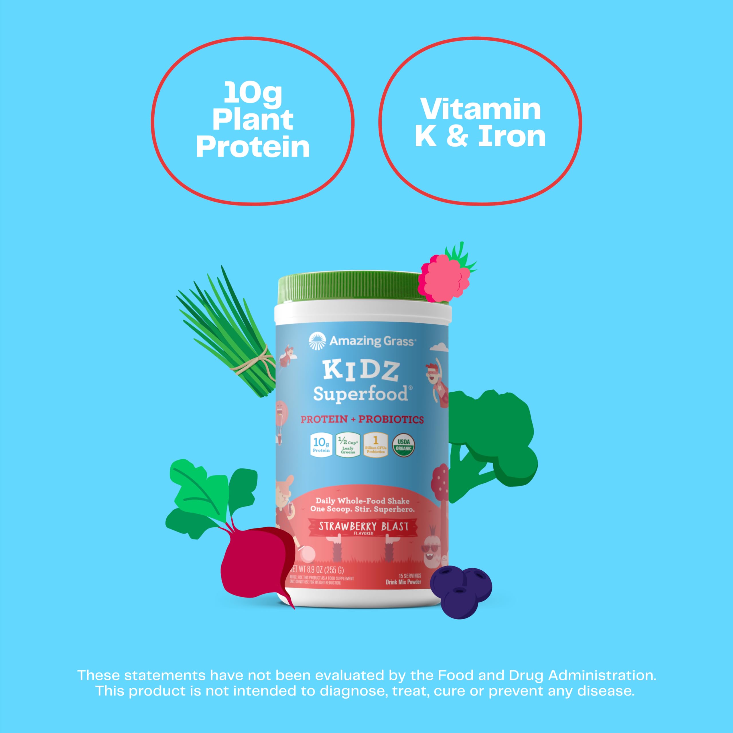Amazing Grass Kidz Superfood: Vegan Protein & Probiotics for Kids with Beet Root Powder & 1/2 Cup of Leafy Greens, Strawberry Blast, 15 Servings Amazing Grass Au supplements