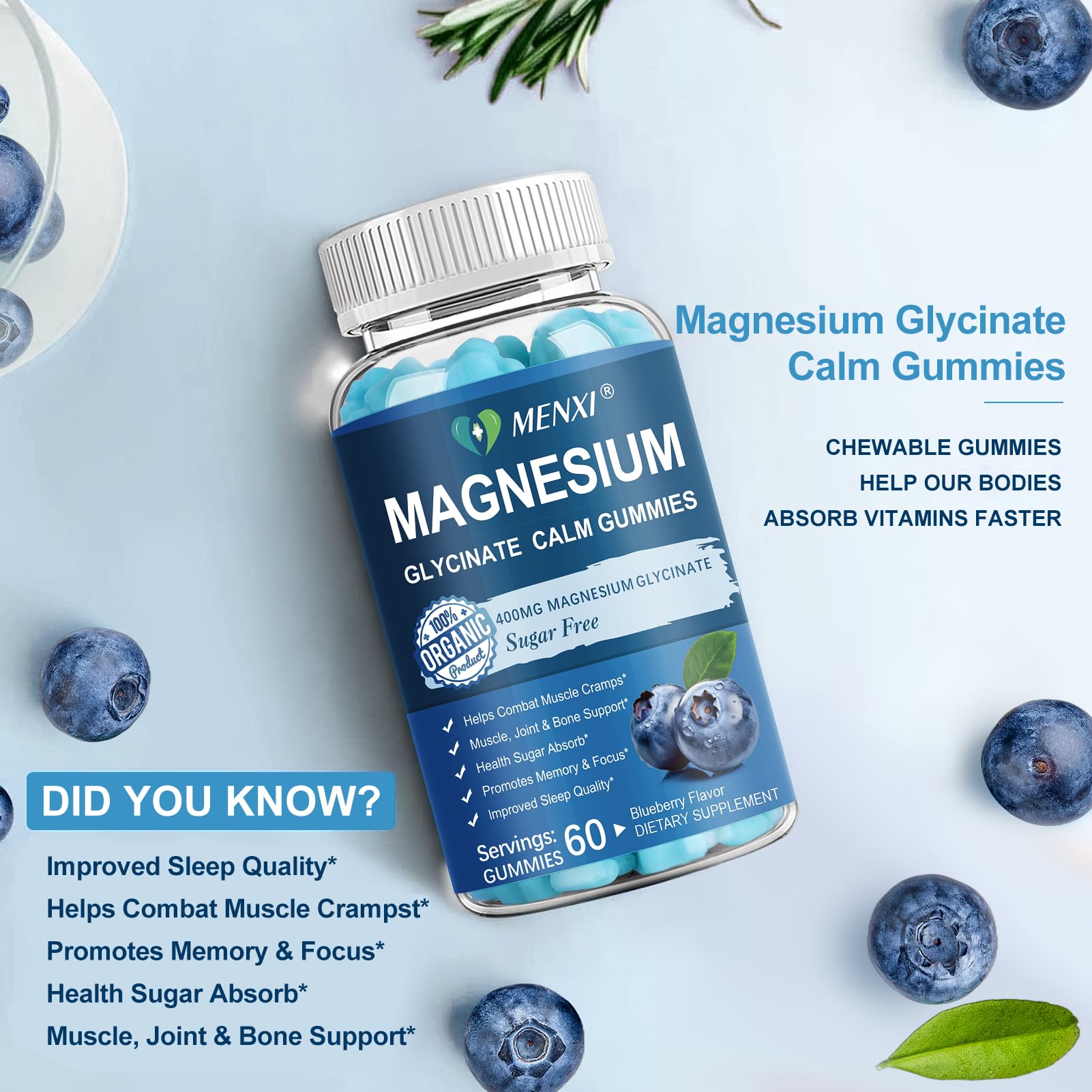 Magnesium Gummies 600mg per Serving-Magnesium Glycinate 400mg and Magnesium Malate 200mg,Sugar Free Magnesium Potassium Supplement for Calm Mood, Muscle, Bone & Sleep Support,60 Blueberry Gummies MENXI Au supplements
