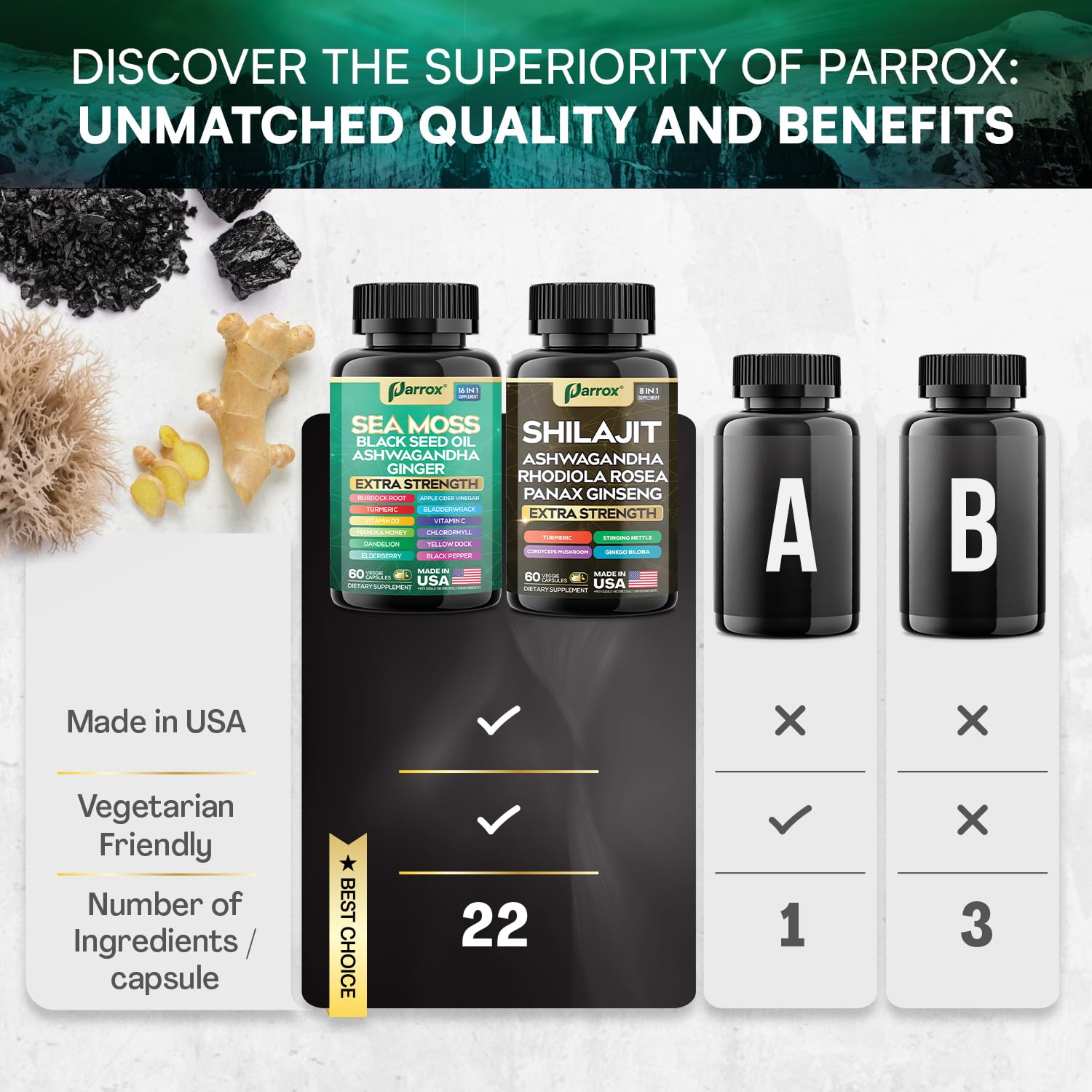 Parrox Shilajit and Sea Moss Bundle, Sea Moss 350mg, Black Seed Oil 200mg, Ashwagandha 100mg, Turmeric, Shilajit 300mg, Rhodiola Rosea 100mg, Panax Ginseng 50mg, Dynamic Vitality Bundle (2 Pack) Parrox Au supplements