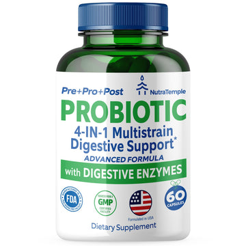 NUTRATEMPLE 4 in 1 Pre Post Probiotics & Digestive Enzymes for Women & Men - Digestive Health, Gut & Immune Support for Occasional Constipation, Diarrhea, Gas & Bloating – 60 Veggie Capsules NUTRATEMPLE Au supplements