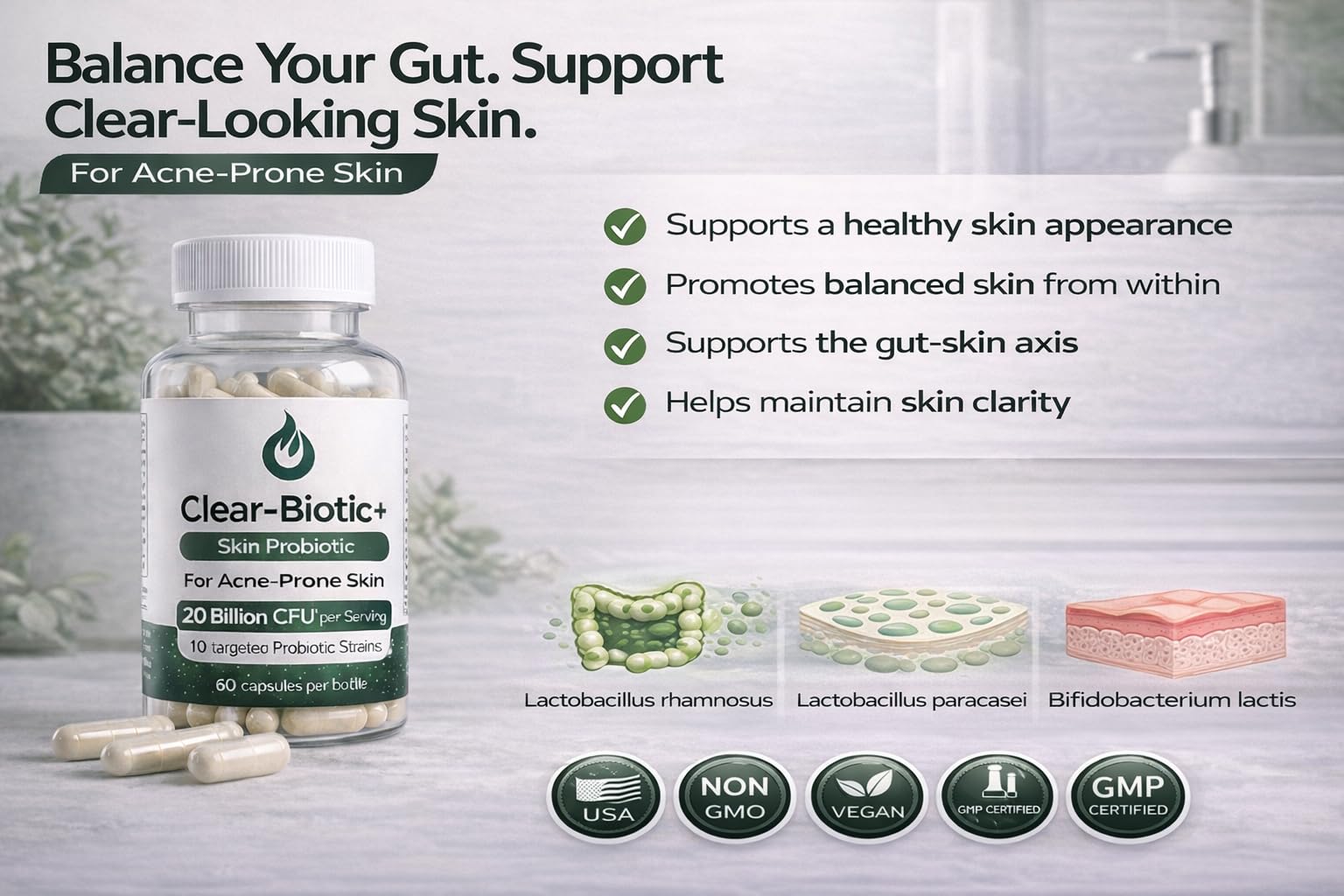 Acne Pills Probiotic Acne Supplements for Teens & Adults - Hormonal Acne Vitamins, Gut Health for Clear Skin, Non-GMO (60 Capsules) Gut Skin Axis Clear-Biotic Au supplements