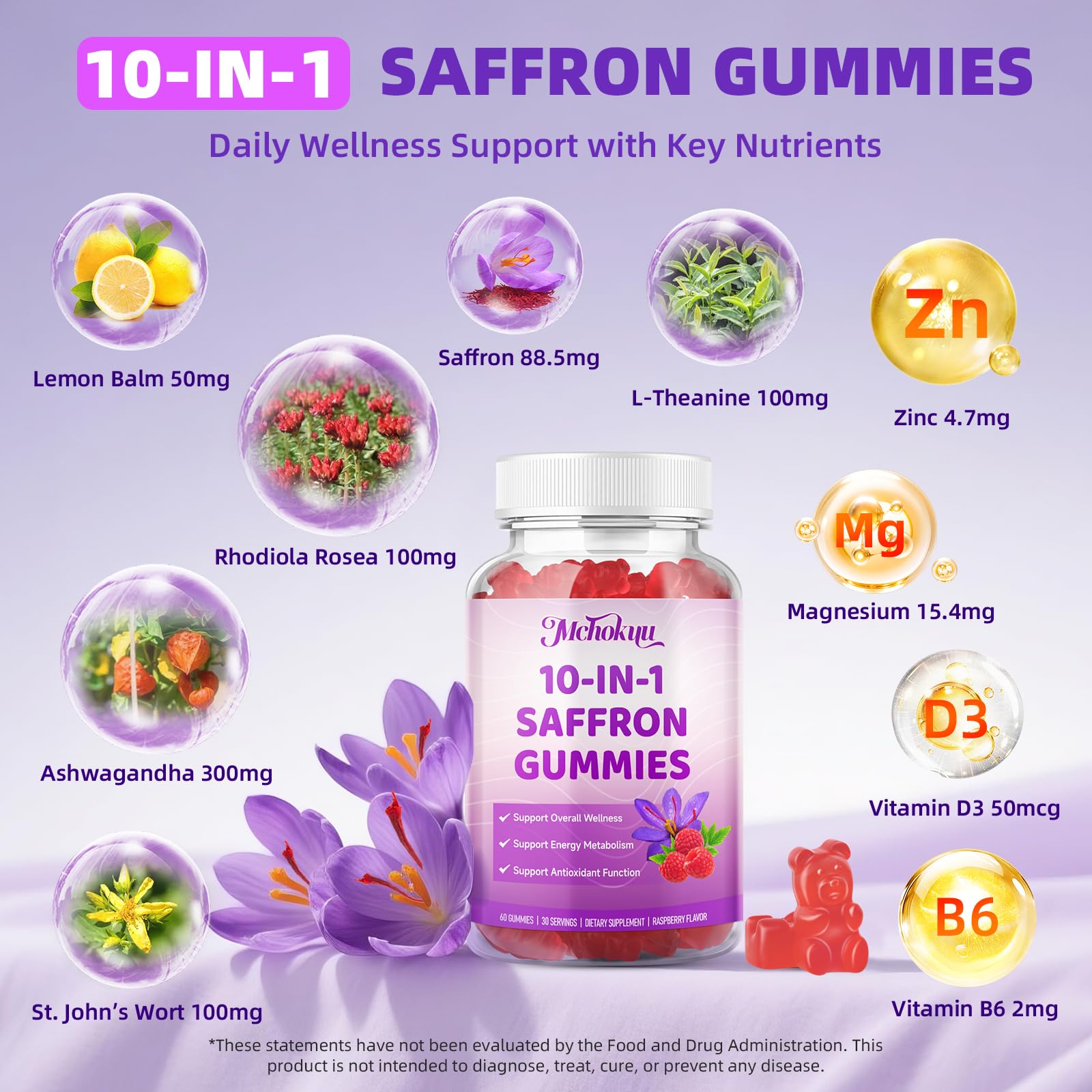 Saffron Supplement Gummies for Kids & Adults Supports Antioxidant Function with Ashwagandha, L-Theanine, Rhodiola Rosea, Lemon Balm, Vitamin D3, B6, Magnesium & Zinc – Raspberry Flavor, 60 Count Mchokuu Au supplements