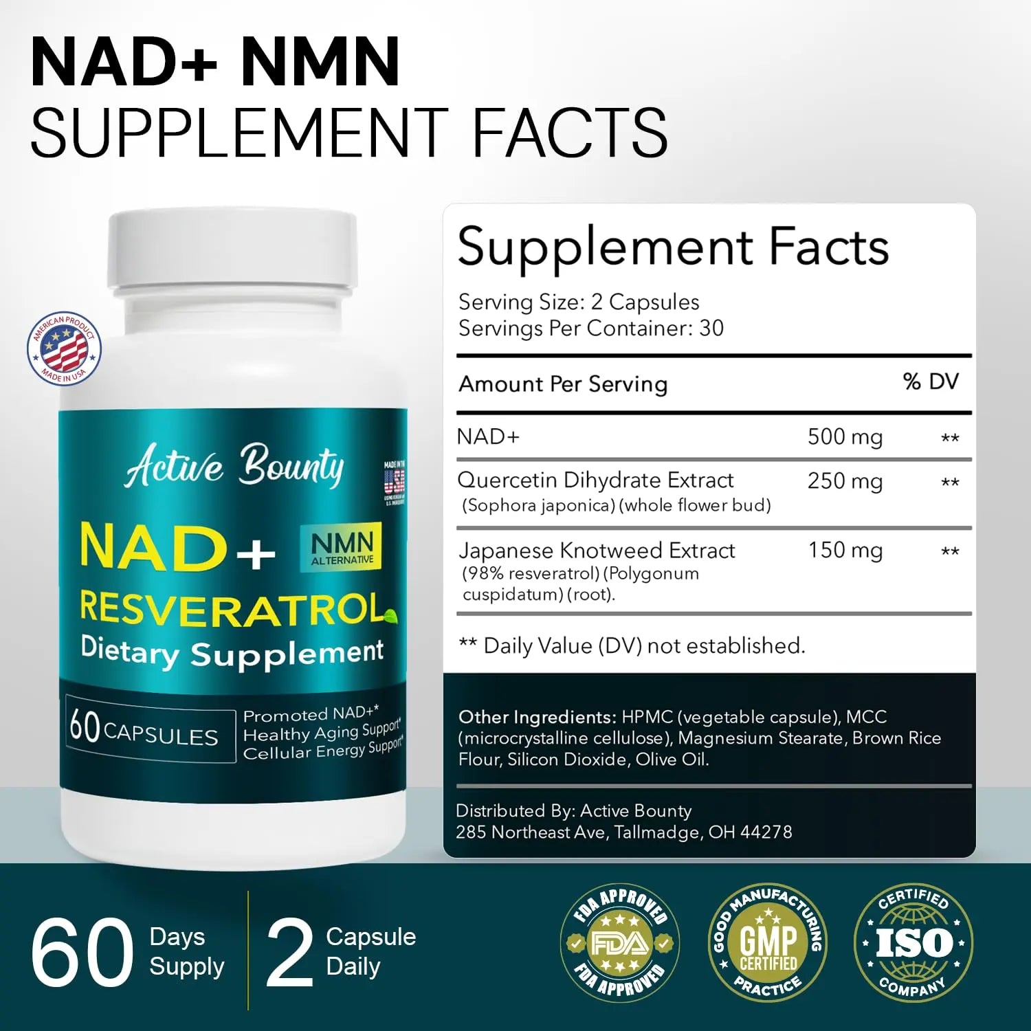 NAD+ Resveratrol Supplement with Quercetin – NMN Alternative for Cellular Energy Support, Focus & Healthy Aging – High Potency 500mg NAD+ Formula, Vegan, Non-GMO, Gluten-Free, Made in USA, 60 Capsules Active Bounty Au supplements