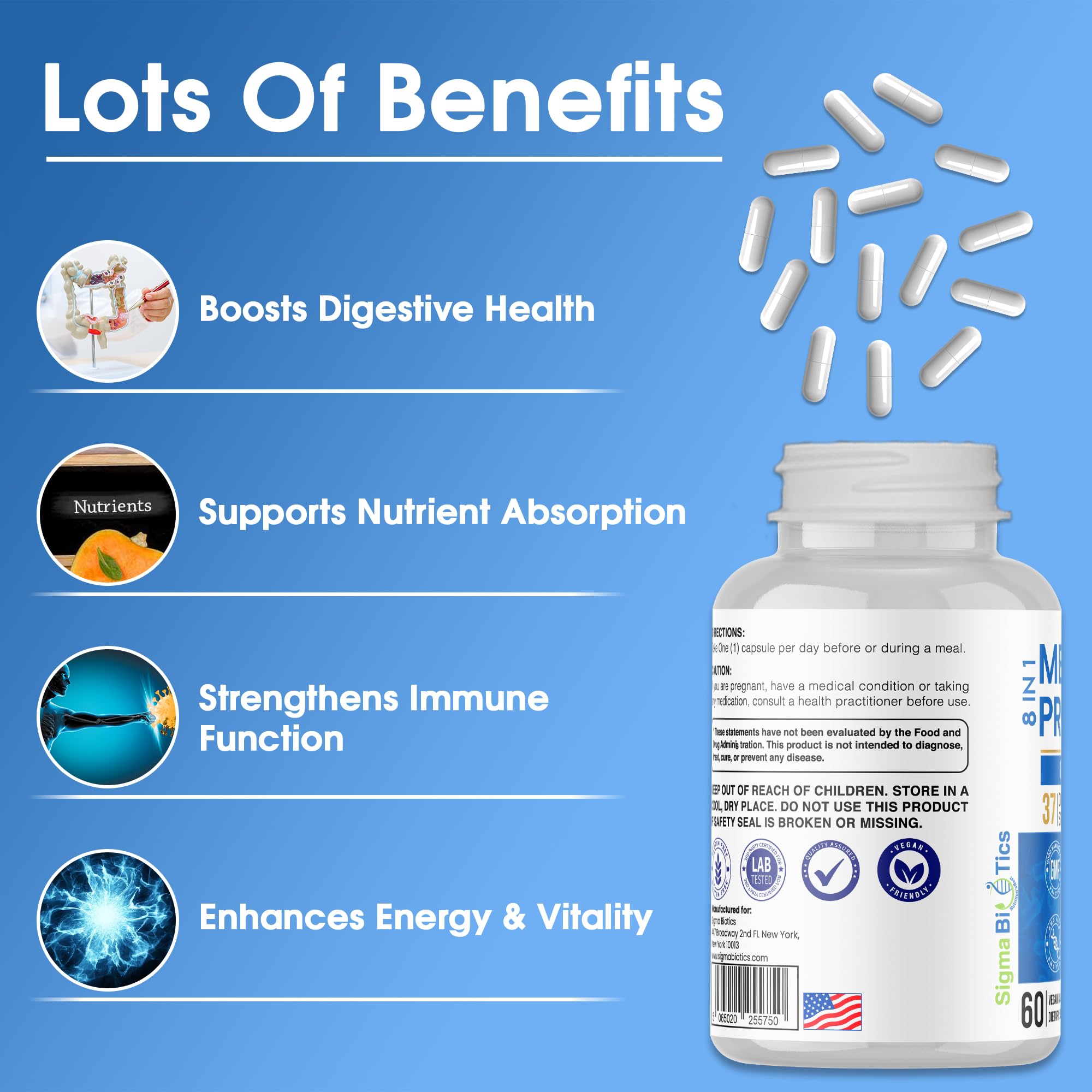 Probiotics for Men - 150 Billion CFU Acidophilus Capsules with Prebiotics & Postbiotics - Supports Gut Microbiome, Colon & Immune Health - 37 Strains with Digestive Enzymes - 60 Vegan Capsules SigmaBiotics Au supplements