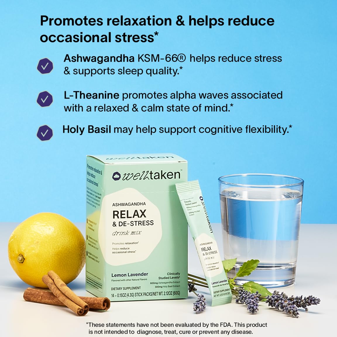 WellTaken Ashwagandha Relax & De-Stress Powder - Lemon Lavender 14ct Box - 600mg Ashwagandha, 200mg L-Theanine, Holy Basil – Supports Stress, Relaxation – Vegan, No Added Sugar - 14 Servings WellTaken Au supplements