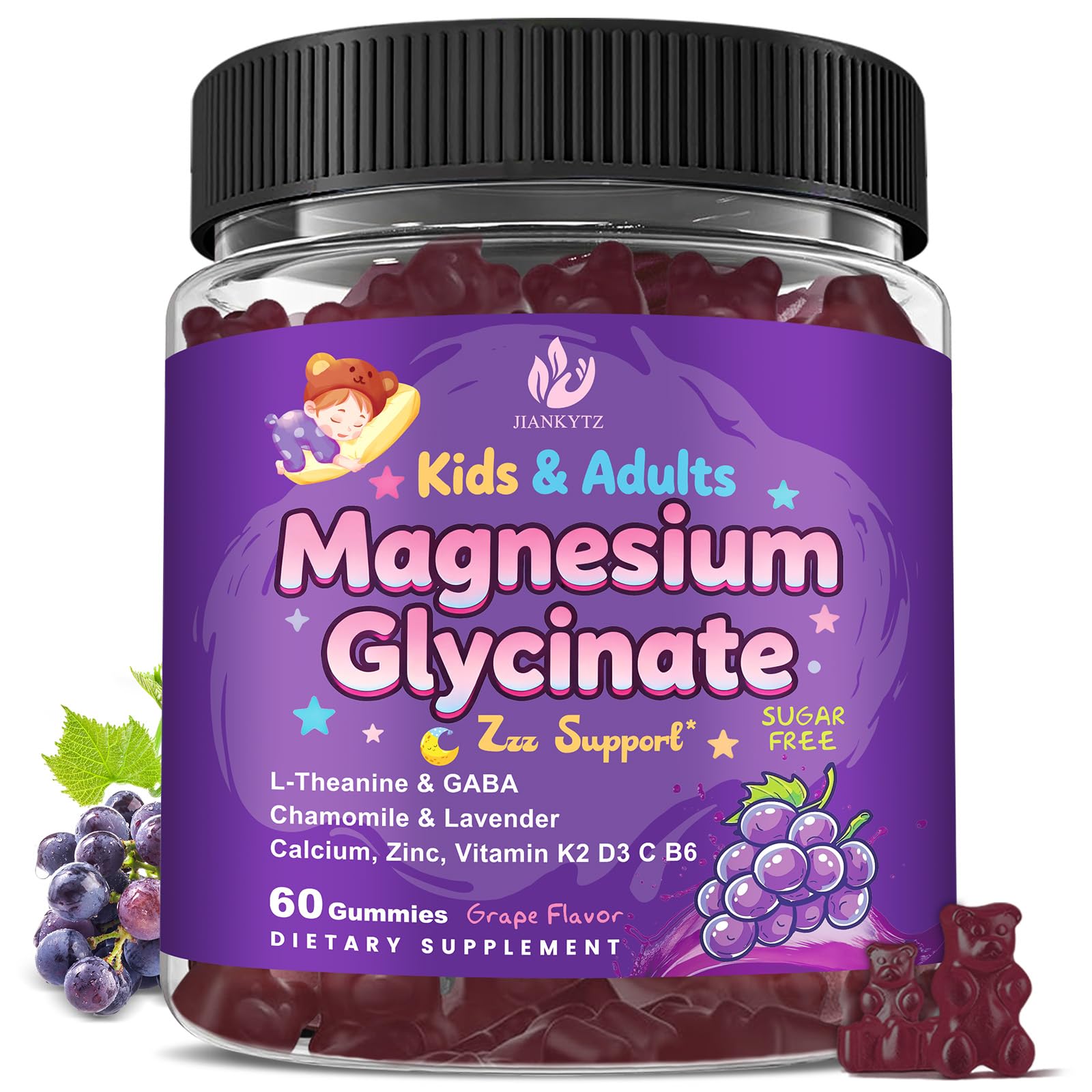 Sugar Free Magnesium Glycinate Gummies for Kids & Adults - Zzz Support, Relaxation & Cognition Support, 200/400mg Magnesium Gummies with L-Theanine, GABA, Calcium, B6, D3, C & K2, Grape Flavor, 60 Ct JIANKYTZ Au supplements