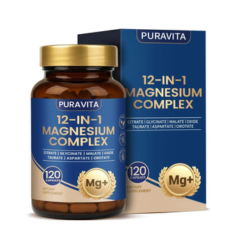 Puravita Magnesium Complex - Puravita 12 in 1 Magnesium Supplement with Glycinate, Citrate, Malate, Oxide, Taurat & More for Muscle, Nerve & Sleep Support, 120 Count PURAVITA Au supplements