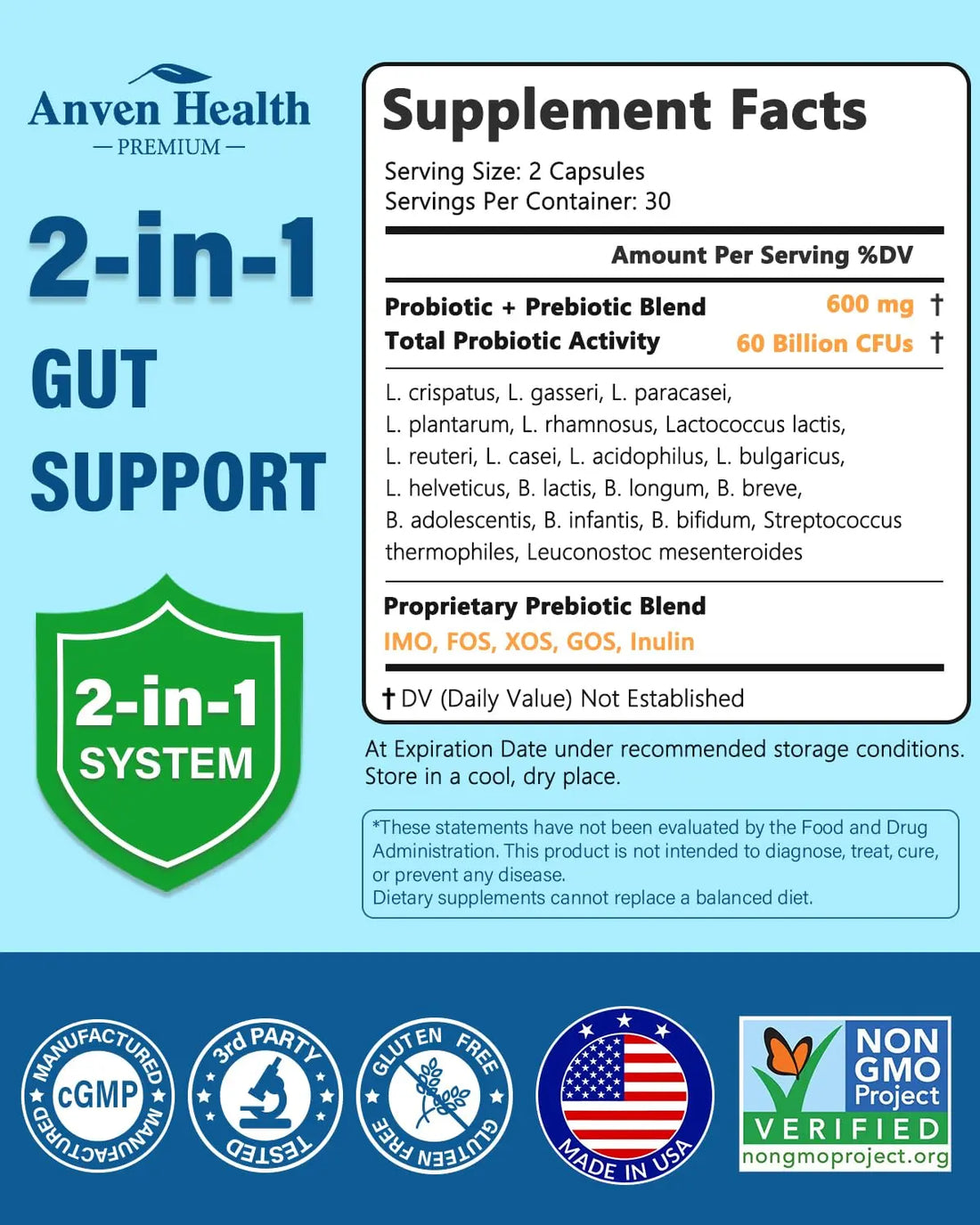 Anven Health 60 Billion Probiotic and Prebiotic for Women and Men - 19 Strains 5 Organic Prebiotics for Gut Digestive & Immune Health, Supports Diarrhea Gas Bloating, Non-GMO – Made in USA丨60 Caps Anven Health uk supplements