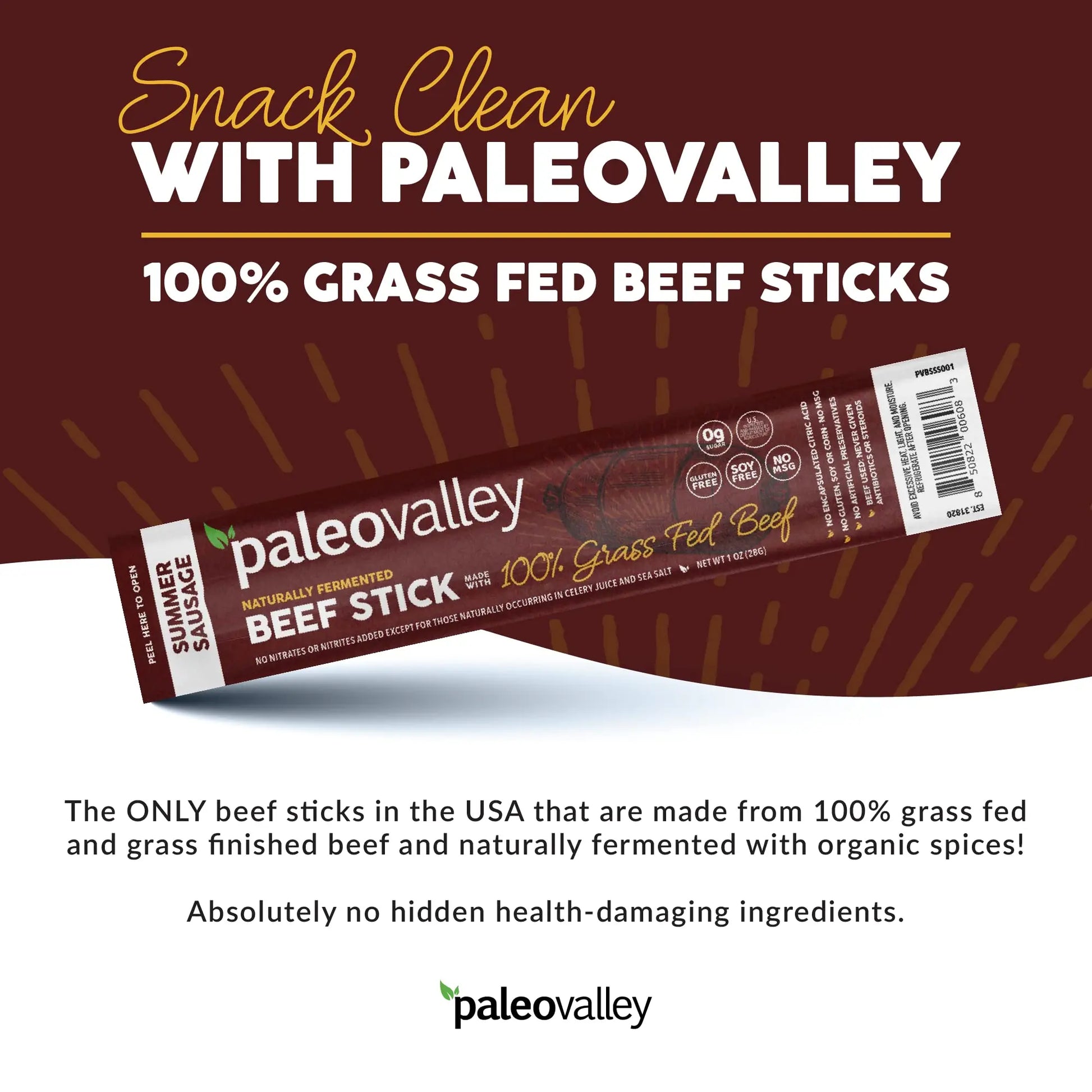 Paleovalley 100% Grass Fed Summer Sausage Beef Sticks - Delicious Gluten Free Beef Snack - High Protein Keto Friendly Paleovalley Au supplements